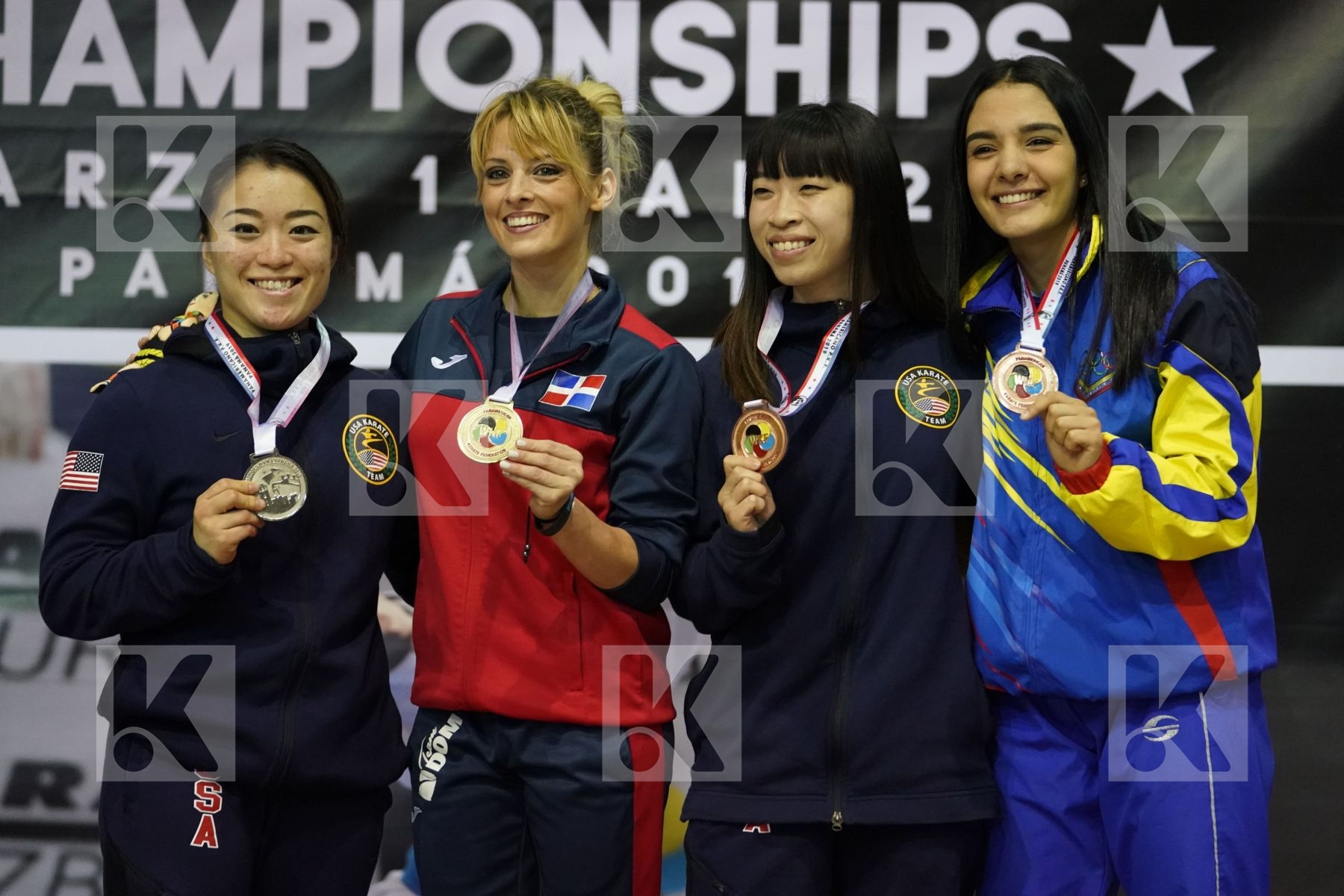 DIMITROVA MARIA (DOMINICAN REPUBLIC), KOKUMAI SAKURA (UNITED STATES), KWONG JESSICA (UNITED STATES), ARMADA RUIZ ANDREA (VENEZUELA) in Senior Female Kata - podium