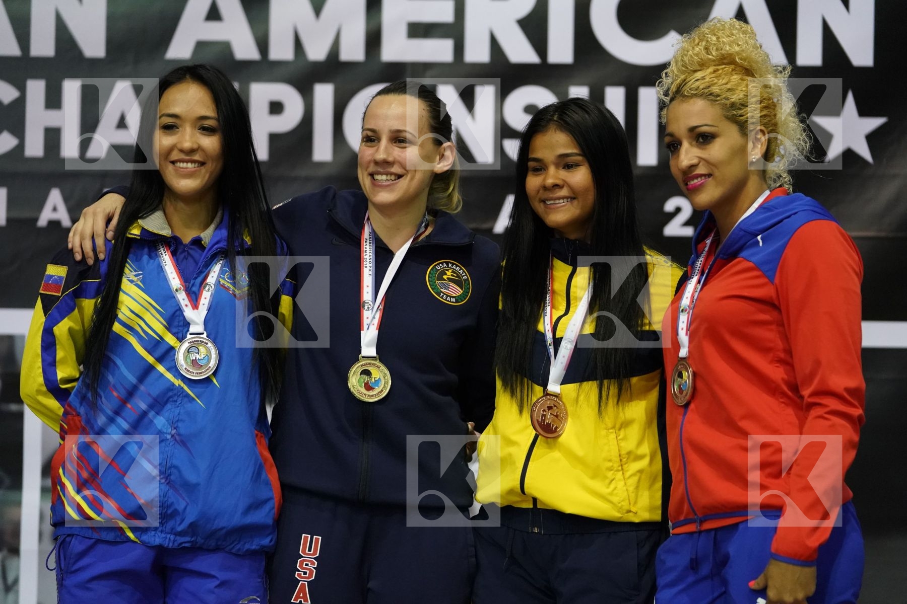 WASOWICZ MAYA (UNITED STATES), MOLINA OMAIRA (VENEZUELA), TORRES DONCEL SHANEE (COLOMBIA), MORENO PEREZ YOANDRA (CUBA) in Senior Kumite 68+ Kg - podium