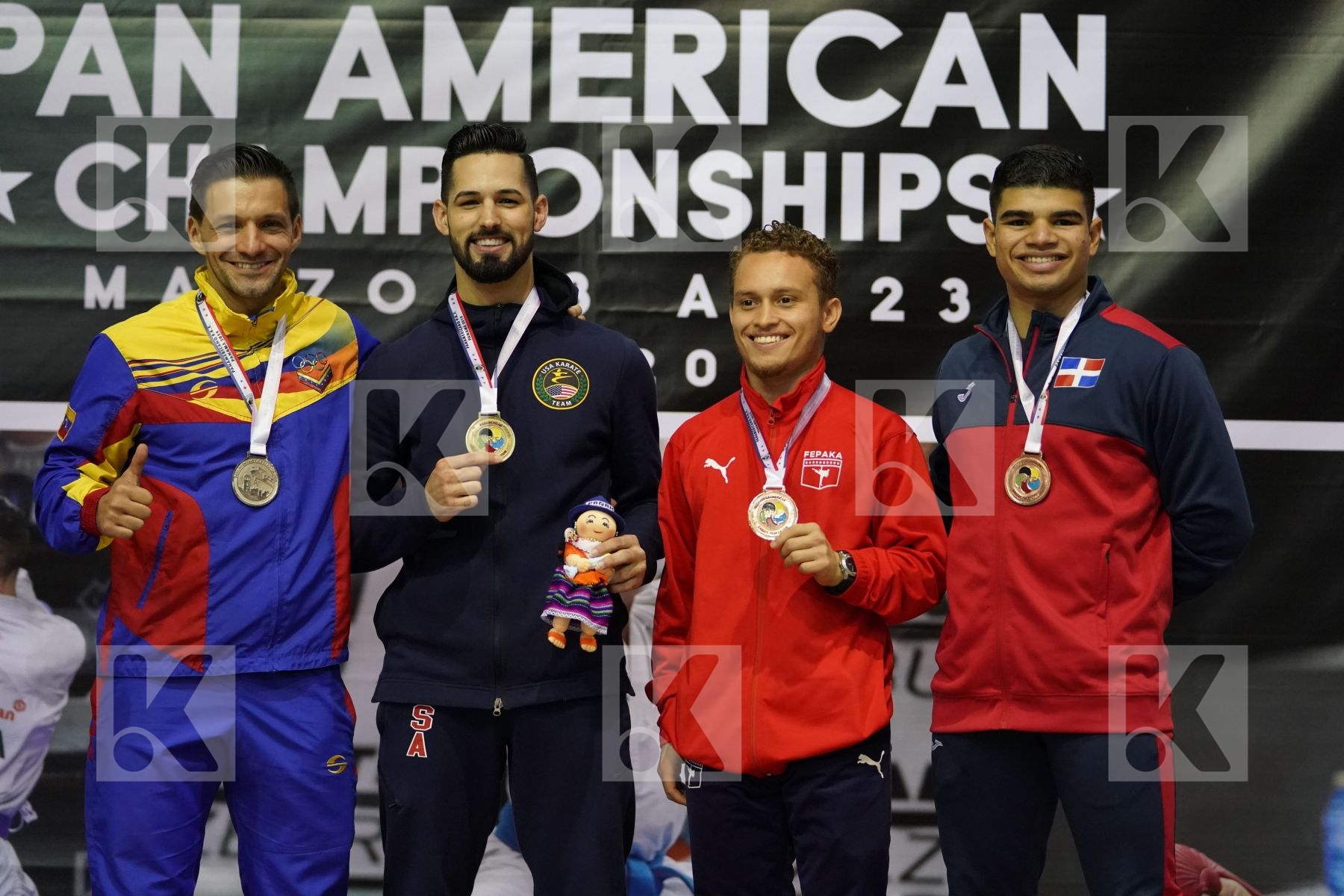 TORRES GUTIERREZ ARIEL (UNITED STATES), DIAZ ANTONIO (VENEZUELA), ARANGO SOTO NYKOLAI JOSEF (DOMINICAN REPUBLIC), CENCION HECTOR (PANAMA) in Senior Male Kata - podium