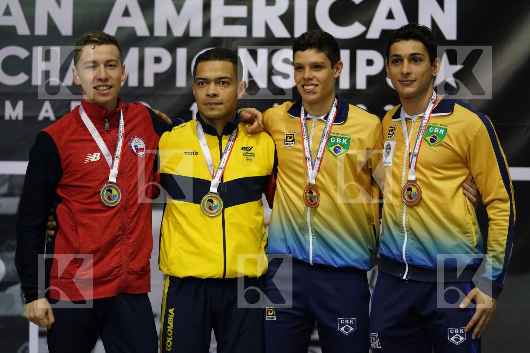 RAMIREZ GUTIERREZ GUILLERMO (COLOMBIA), VELOZO CAMILO (CHILE), TEIXEIRA BRENO (BRAZIL), FIGUEIRA VINICIUS (BRAZIL) in Senior Kumite -67 Kg - podium