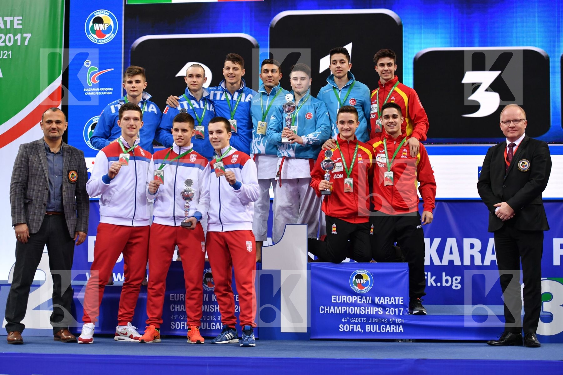 Italy Kata team cadet and junior male podium Serbia Spain Turkey