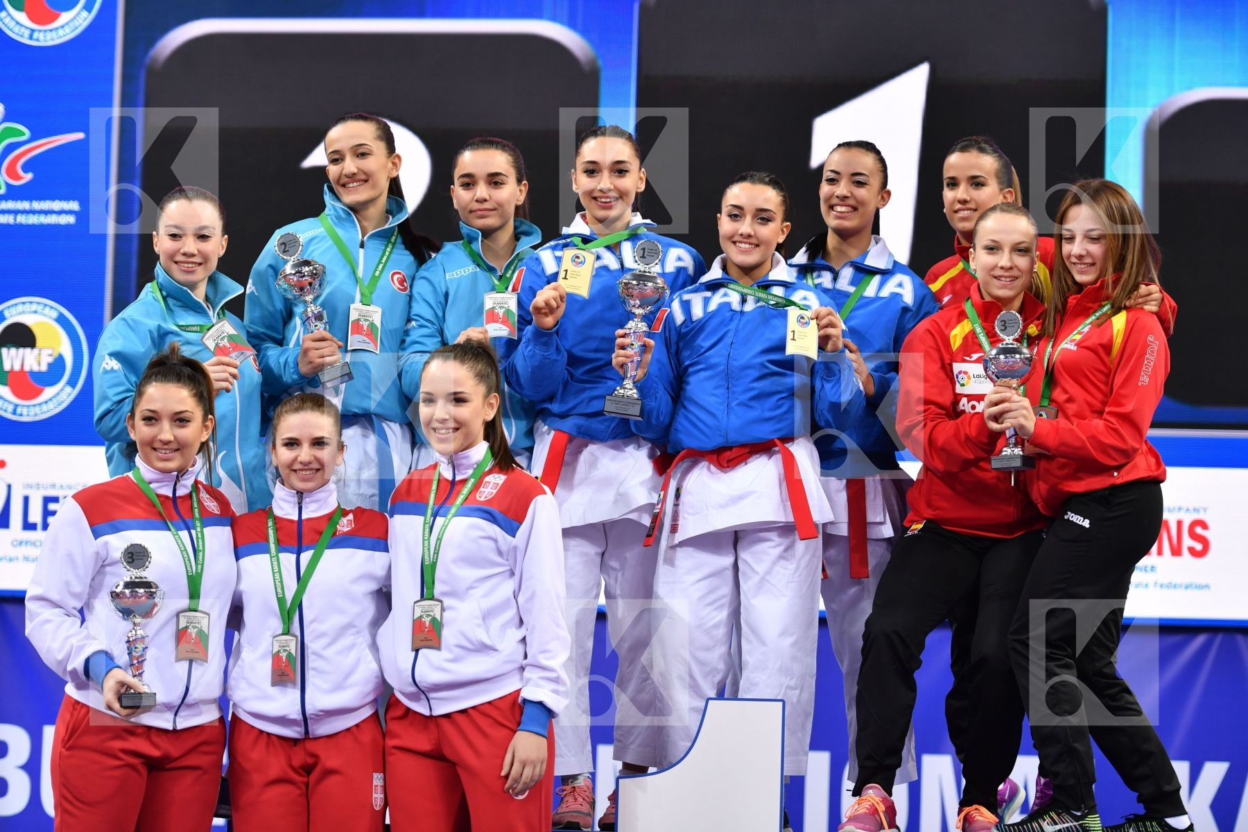 Italy podium Serbia Spain Turkey U21 kata team female