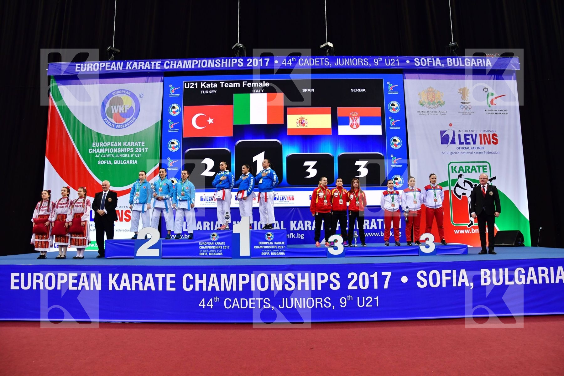 Italy podium Serbia Spain Turkey U21 kata team female
