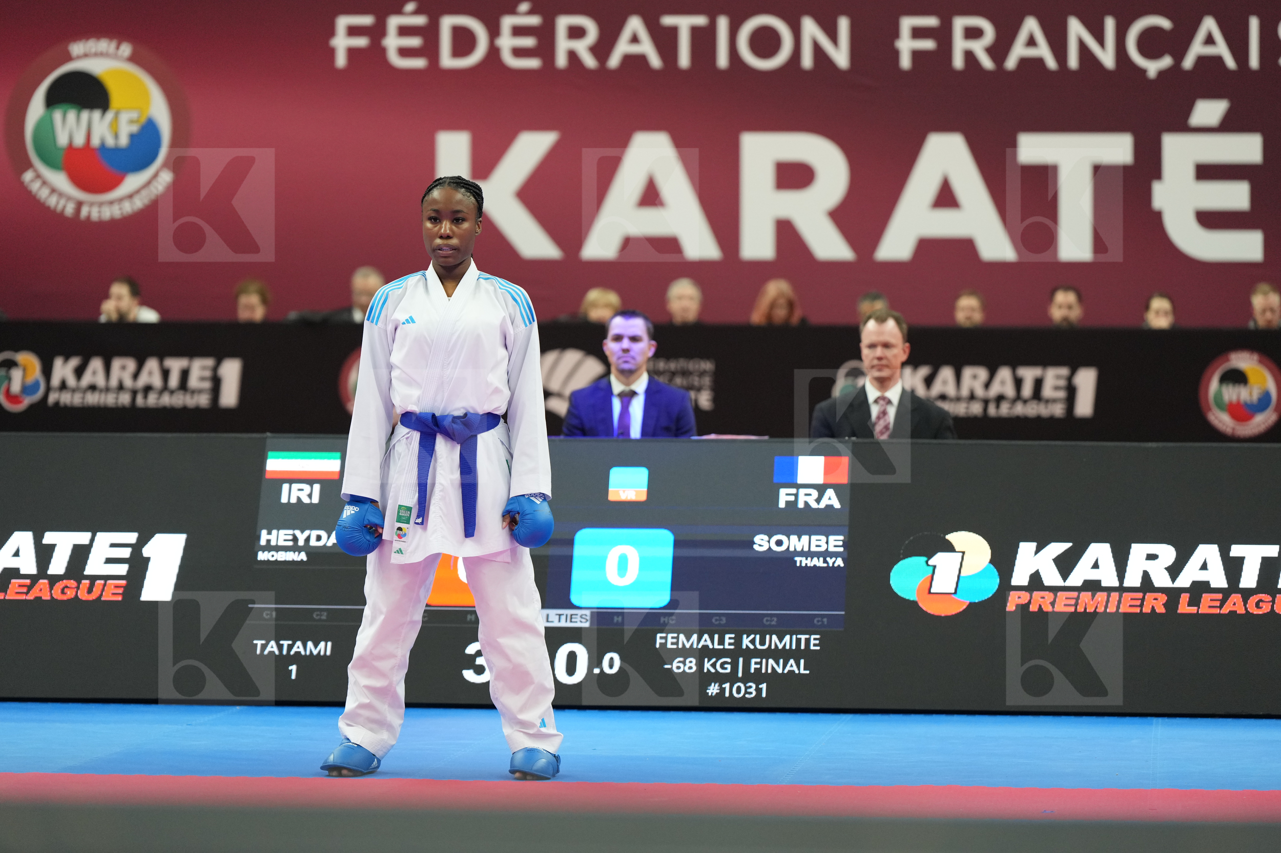 HEYDARIOZOMCHELOEI MOBINA (IRAN) vs SOMBE THALYA (FRANCE) in Female Kumite -68 Kg - Final bout