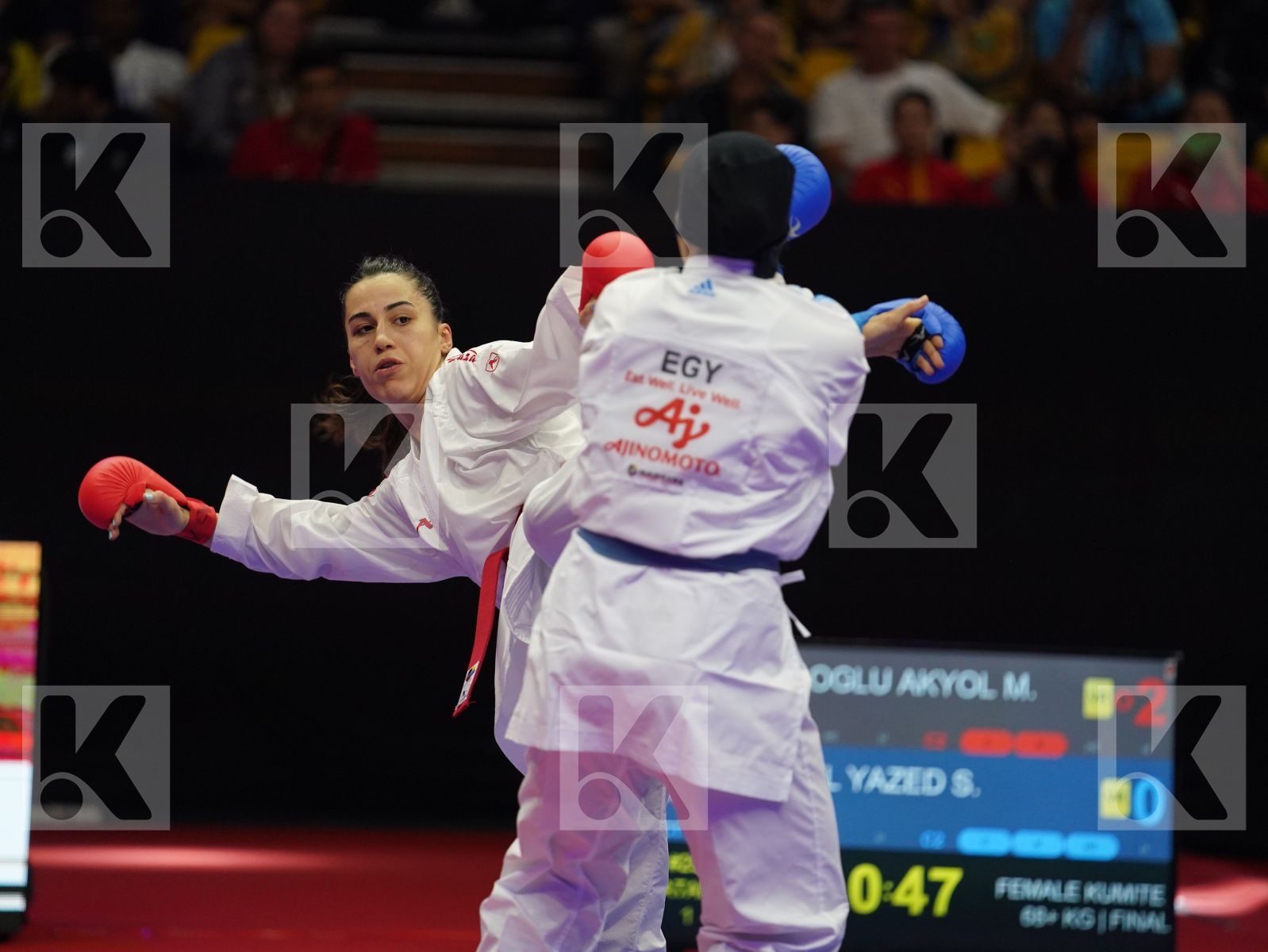 HOCAOGLU AKYOL MELTEM (Turkey) vs ABOUEL YAZED SHYMAA (Egypt) in Senior Kumite 68+ Kg - Gold bout
