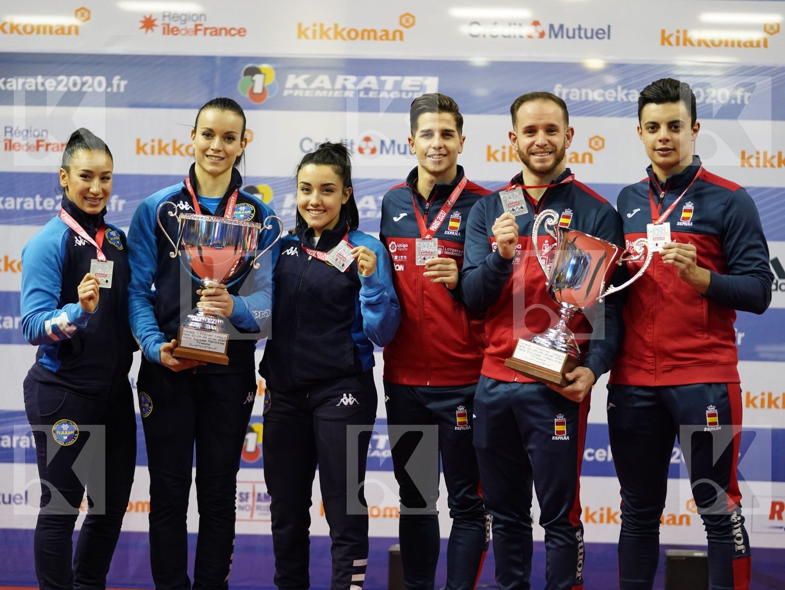 SPAIN, ITALY Kata team Silver Podium ceremony