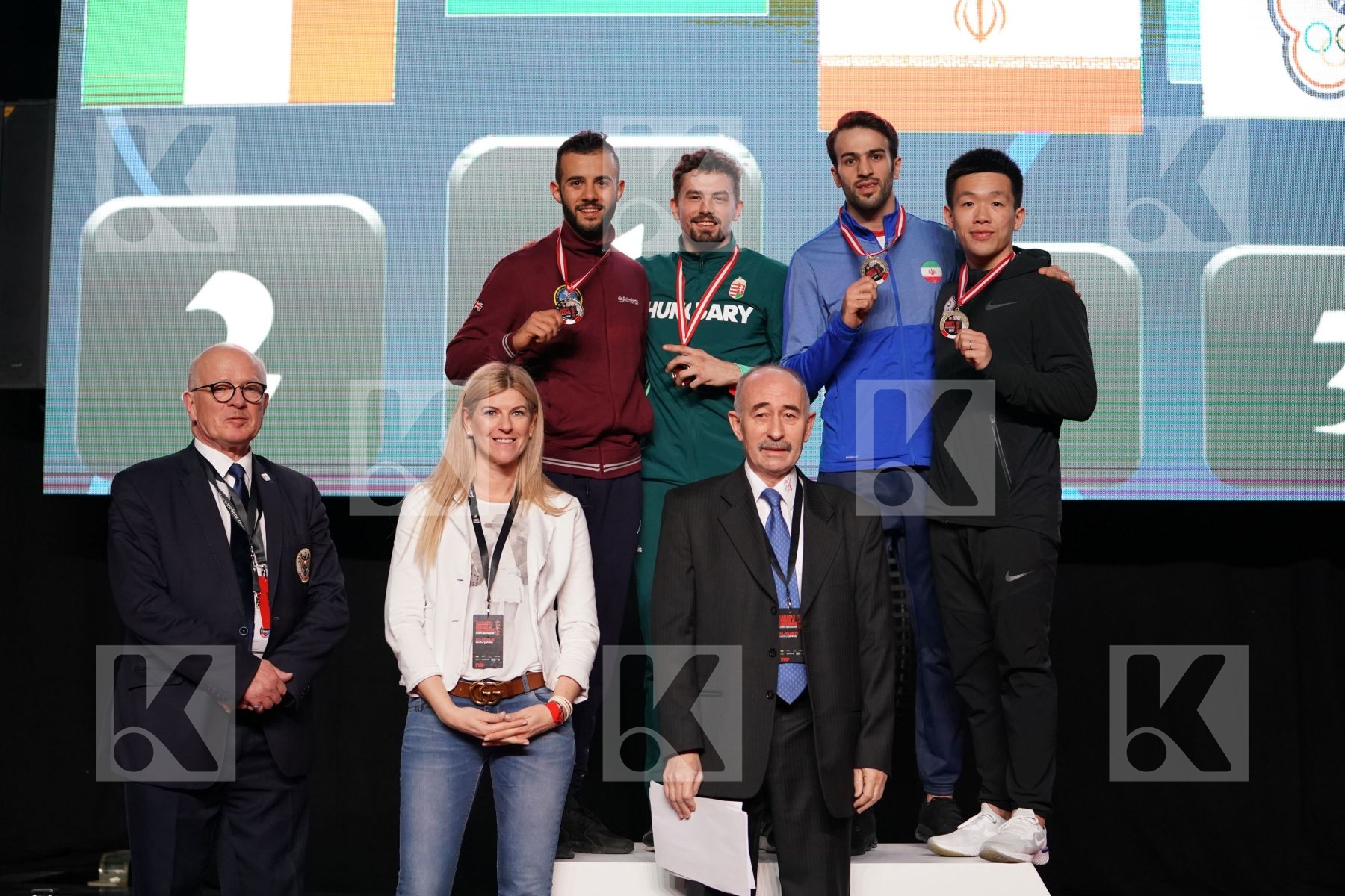 AHMED MOHEY EL SHARABY EZZAT (ITALY), GABOR HARSPATAKI (HUNGARY), BAHMAN ASGARI GHONCHEH  (ISLAMIC REPUBLIC OF IRAN), WEI-CHUN HSU (CHINESE TAIPEI) in Senior Kumite -75 Kg - podium ceremony