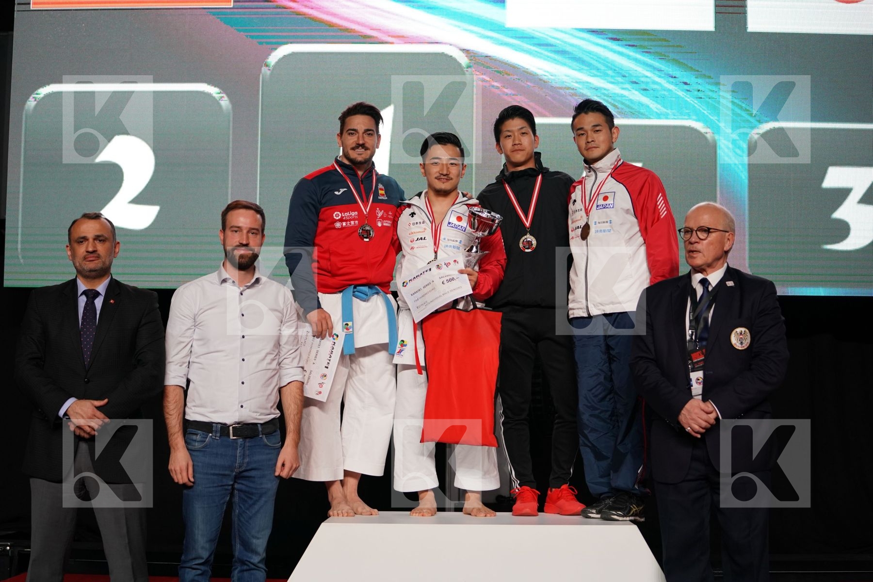 KAZUMASA MOTO (JAPAN), DAMIAN HUGO QUINTERO CAPDEVILLA (SPAIN), KAKERU NISHIYAMA (JAPAN), ISSEI SHIMBABA (JAPAN) in Senior Male Kata - podium ceremony