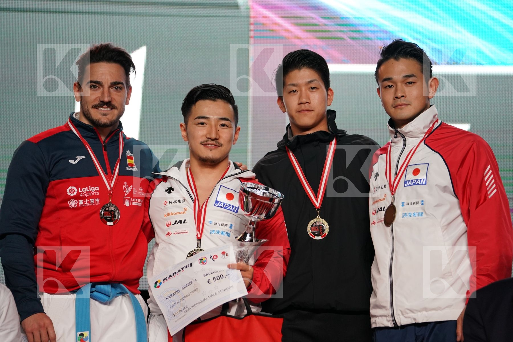 KAZUMASA MOTO (JAPAN), DAMIAN HUGO QUINTERO CAPDEVILLA (SPAIN), KAKERU NISHIYAMA (JAPAN), ISSEI SHIMBABA (JAPAN) in Senior Male Kata - podium ceremony