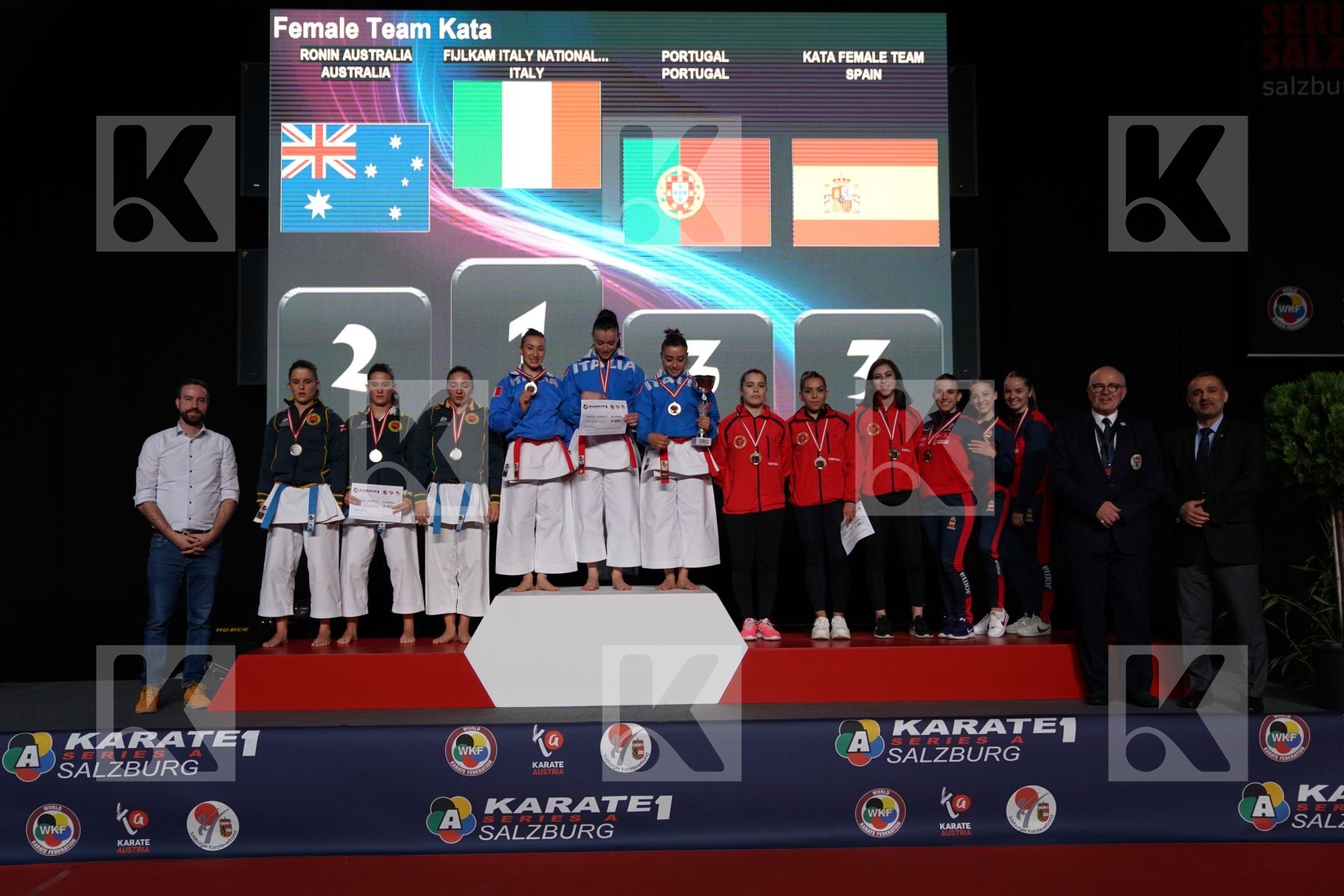 ITALY (CASALE, D ONOFRIO, PEZZETTI), AUSTRALIA (DIMOSKA, DIMOSKA, KAMCHESKA), PORTUGAL (BELO, CARRICO CRUZ, ESPARTEIRO), SPAIN (RODRIGUEZ ENCABO, ROY RUBIO, VEGA LETAMENDI) in Senior Team Female Kata - podium ceremony