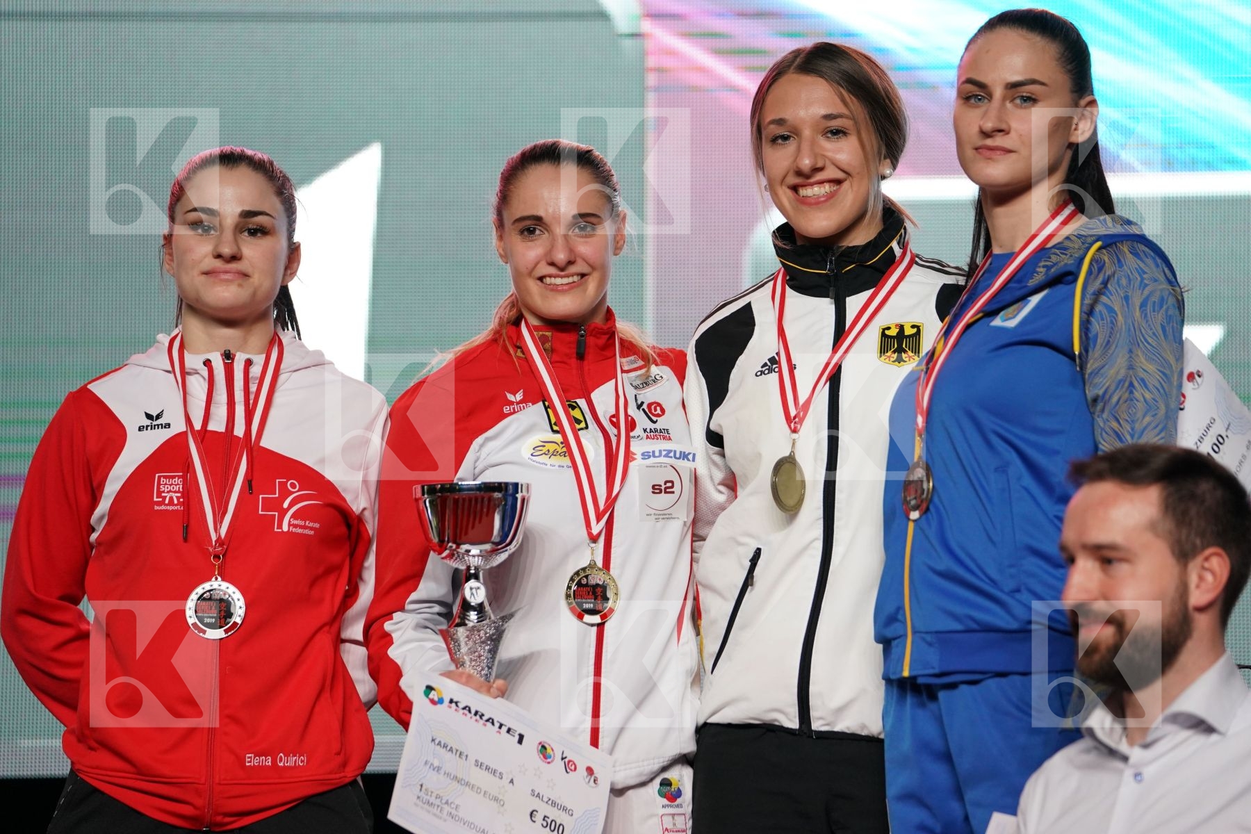 ELENA QUIRICI (SWITZERLAND), ALISA BUCHINGER (AUSTRIA), JOHANNA KNEER (GERMANY), HALYNA MELNYK (UKRAINE) in Senior Kumite -68 Kg - podium ceremony