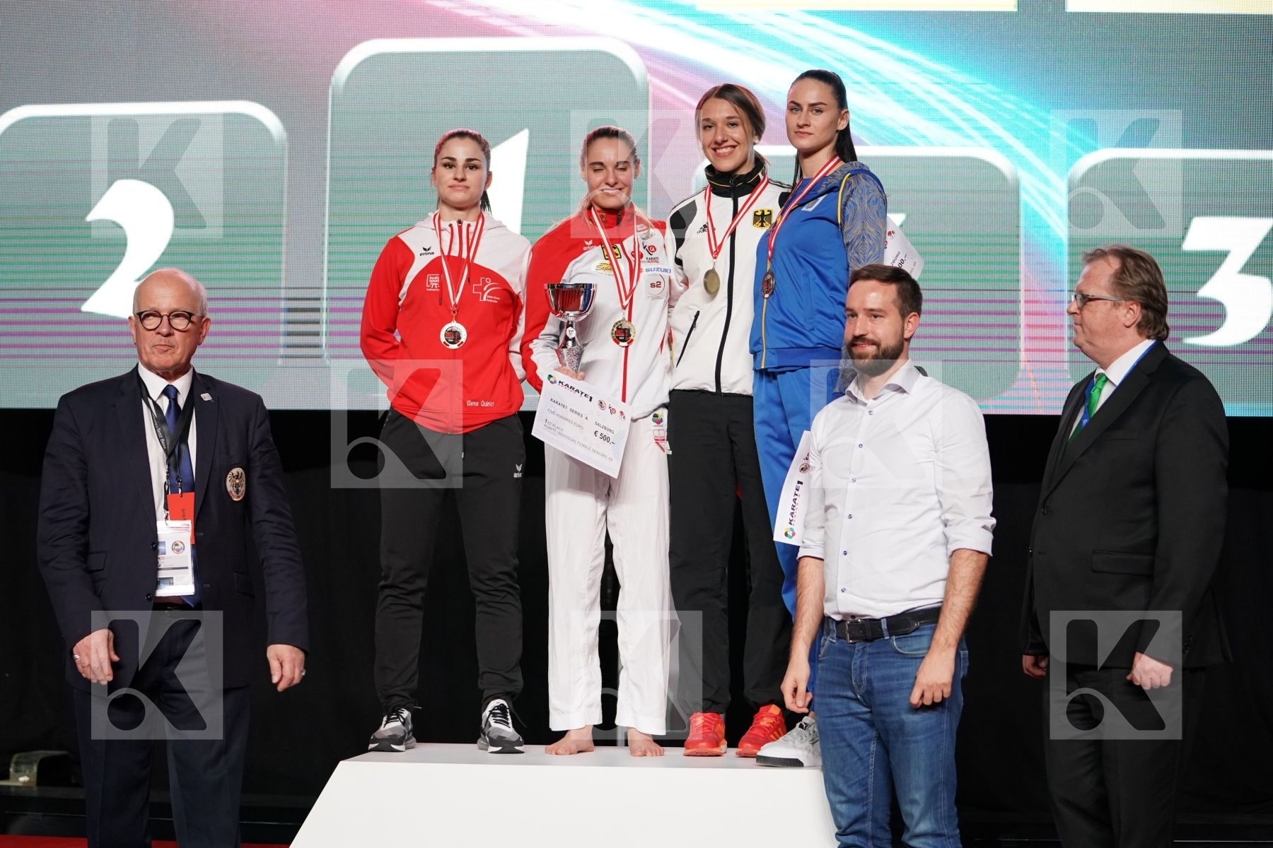 ELENA QUIRICI (SWITZERLAND), ALISA BUCHINGER (AUSTRIA), JOHANNA KNEER (GERMANY), HALYNA MELNYK (UKRAINE) in Senior Kumite -68 Kg - podium ceremony