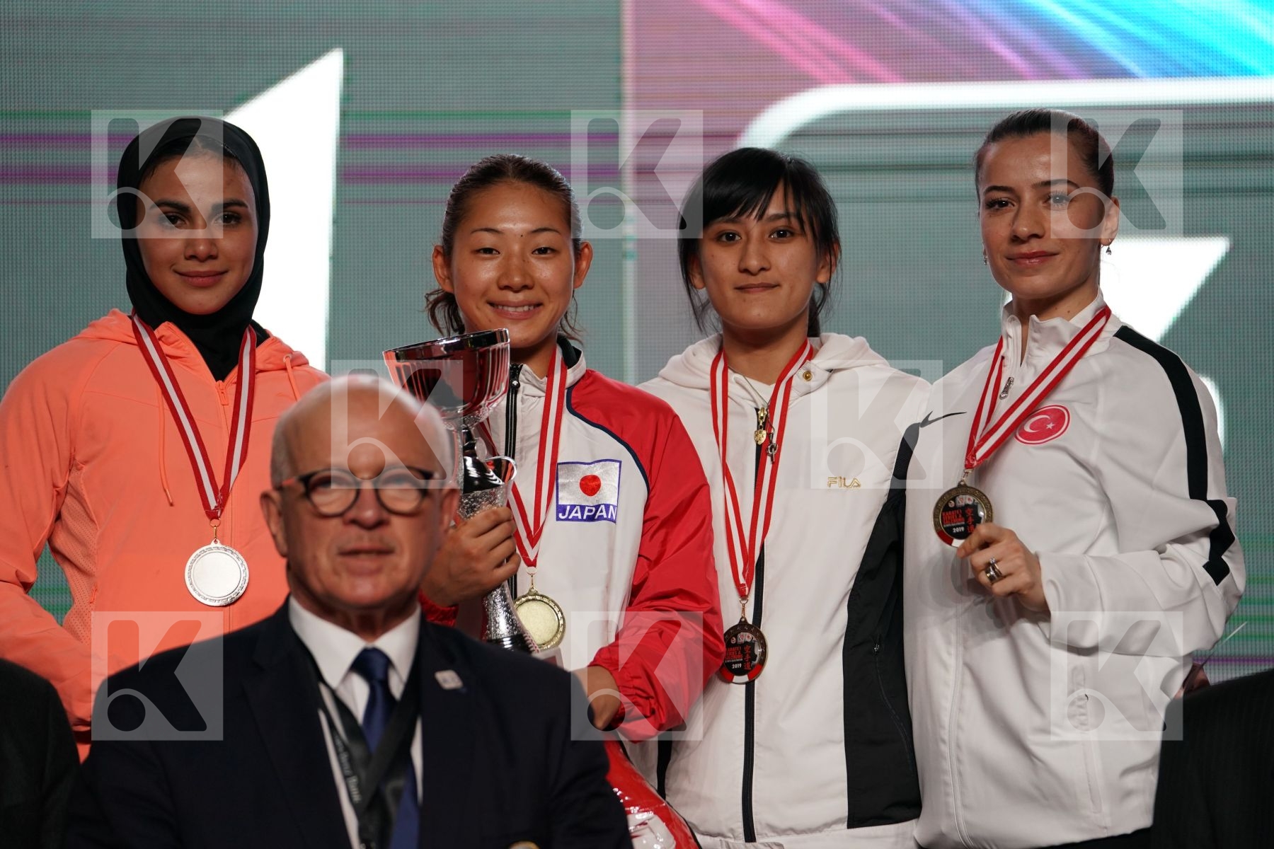 SARA BAHMANYAR (ISLAMIC REPUBLIC OF IRAN), AYAKA TADANO (JAPAN), SHIAU-SHUANG GU (CHINESE TAIPEI), SERAP OZCELIK ARAPOGLU (TUR) in Senior Kumite -50 Kg - podium ceremony