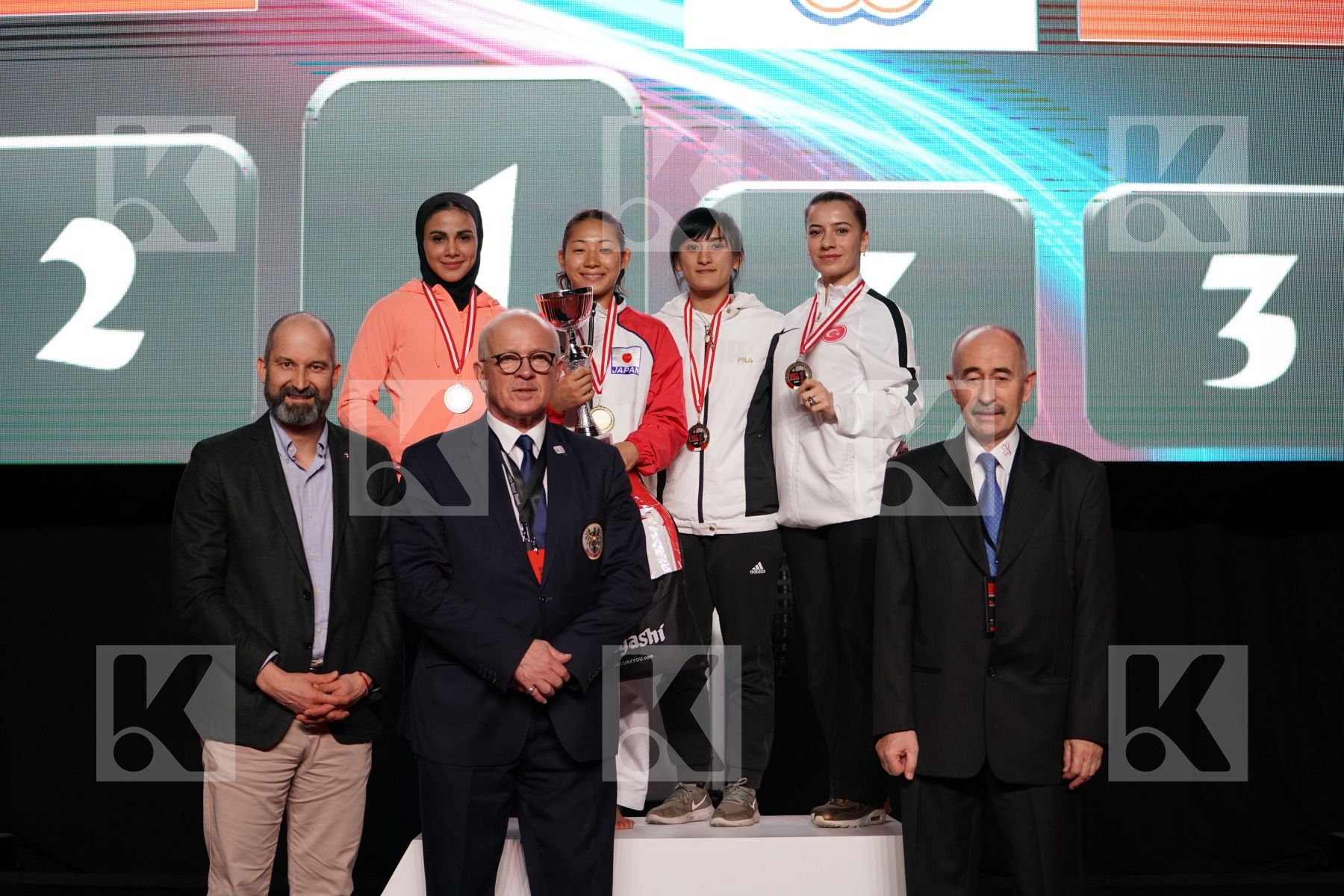 SARA BAHMANYAR (ISLAMIC REPUBLIC OF IRAN), AYAKA TADANO (JAPAN), SHIAU-SHUANG GU (CHINESE TAIPEI), SERAP OZCELIK ARAPOGLU (TUR) in Senior Kumite -50 Kg - podium ceremony