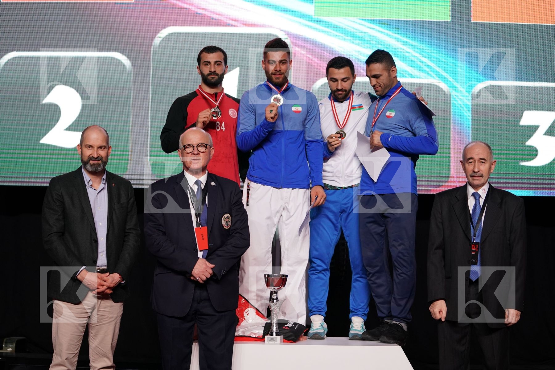MAHDI KHODABAKHSHI (ISLAMIC REPUBLIC OF IRAN), UGUR AKTAS (TURKEY), AYKHAN MAMAYEV (AZERBAIJAN), ZABIHOLLAH POORSHAB  (ISLAMIC REPUBLIC OF IRAN) in Senior Kumite -84 Kg - podium ceremony