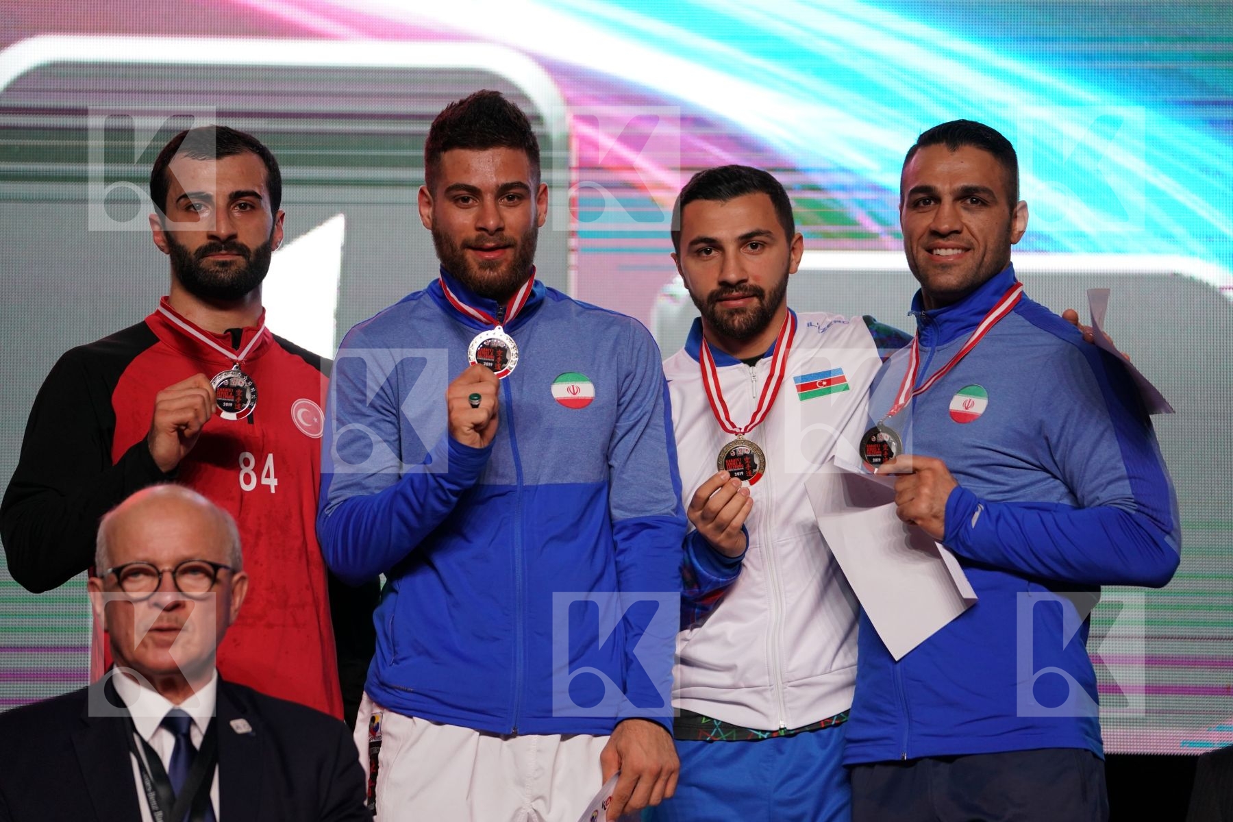 MAHDI KHODABAKHSHI (ISLAMIC REPUBLIC OF IRAN), UGUR AKTAS (TURKEY), AYKHAN MAMAYEV (AZERBAIJAN), ZABIHOLLAH POORSHAB  (ISLAMIC REPUBLIC OF IRAN) in Senior Kumite -84 Kg - podium ceremony