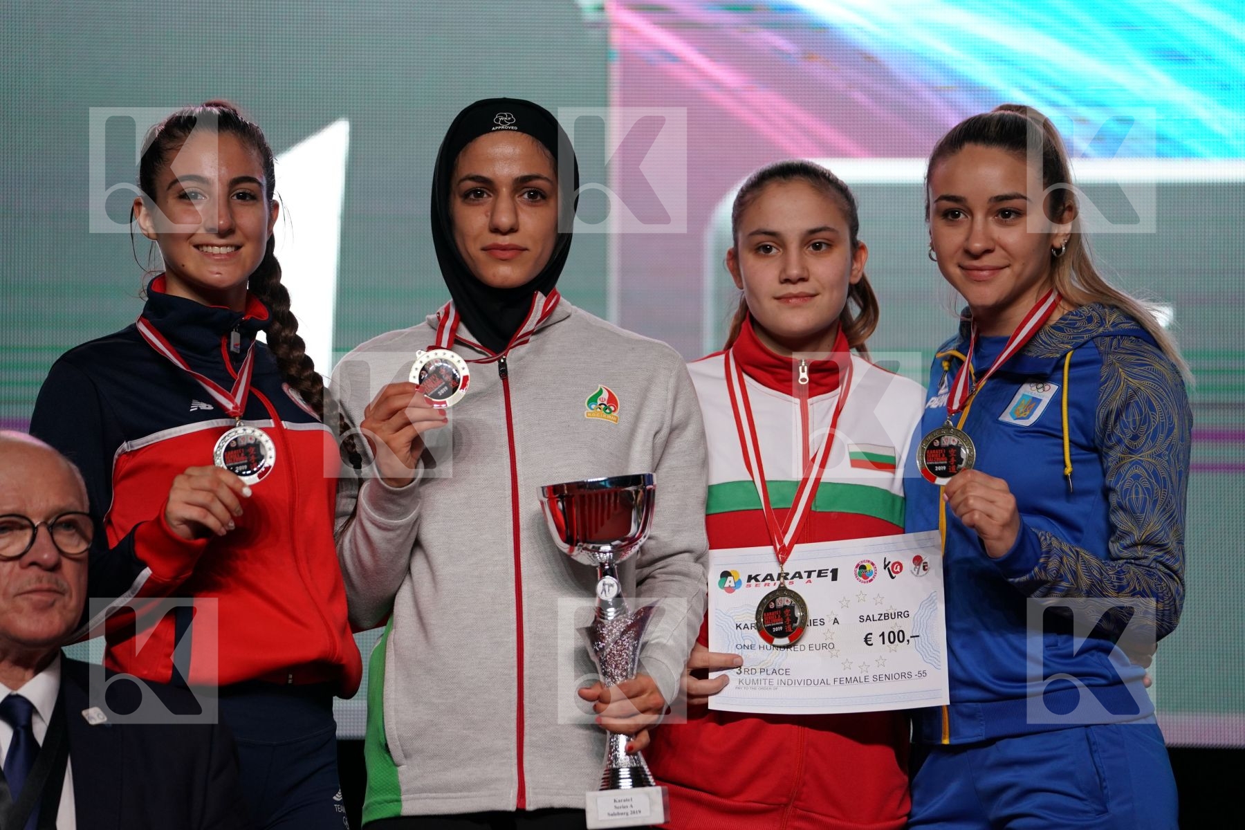 VALENTINA TORO MENESES (CHILE) VS TARAVAT KHAKSAR (ISLAMIC REPUBLIC OF IRAN), IVET GORANOVA (BULGARIA), ANZHELIKA TERLIUGA (UKRAINE) in Senior Kumite -55 Kg - podium ceremony