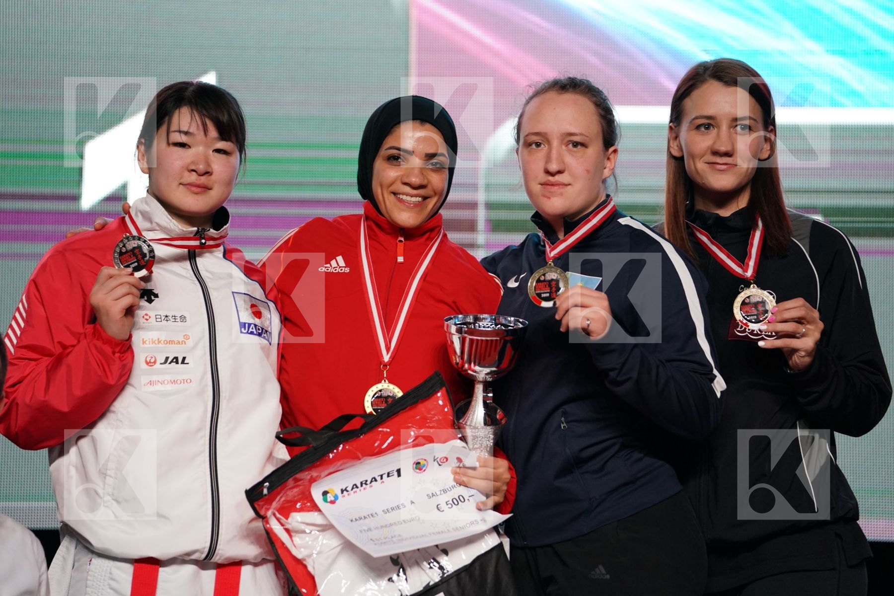 AYAKA SAITO (JAPAN), SHYMAA ABOUALYAZED (EGYPT), SOFYA BERULTSEVA (KAZAKHSTAN), DOMINIKA TATAROVA (SLOVAKIA) in Senior Kumite 68+ Kg - podium ceremony