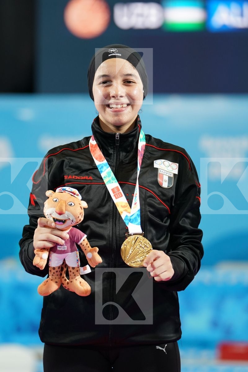 YASMIN NASR (EGYPT), RINKA TAHATA (JAPAN), FATEMEH KONAKDARTARSI (IRAN), DILDORA ALIKULOV (UZBEKISTAN) in Junior Kumite Female -53Kg - Podium ceremony