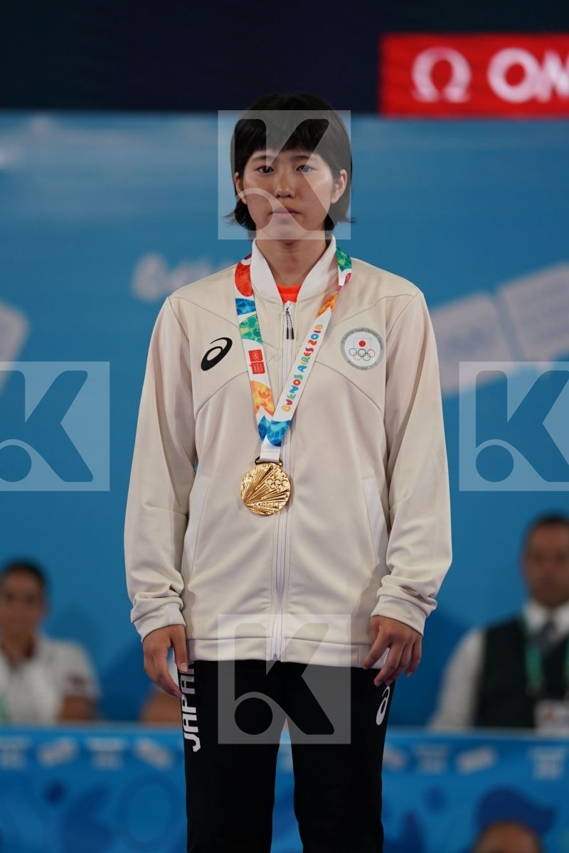 KOKORO SAKAJI (JAPAN), ANNA CHERNYSHEVA (RUSSIA), MOBINA HEYDARIOZOMECHELOE (IRAN), IVANA PEROVIC (SERBIA) in Junior Kumite Female - 59 Kg - Podium ceremony