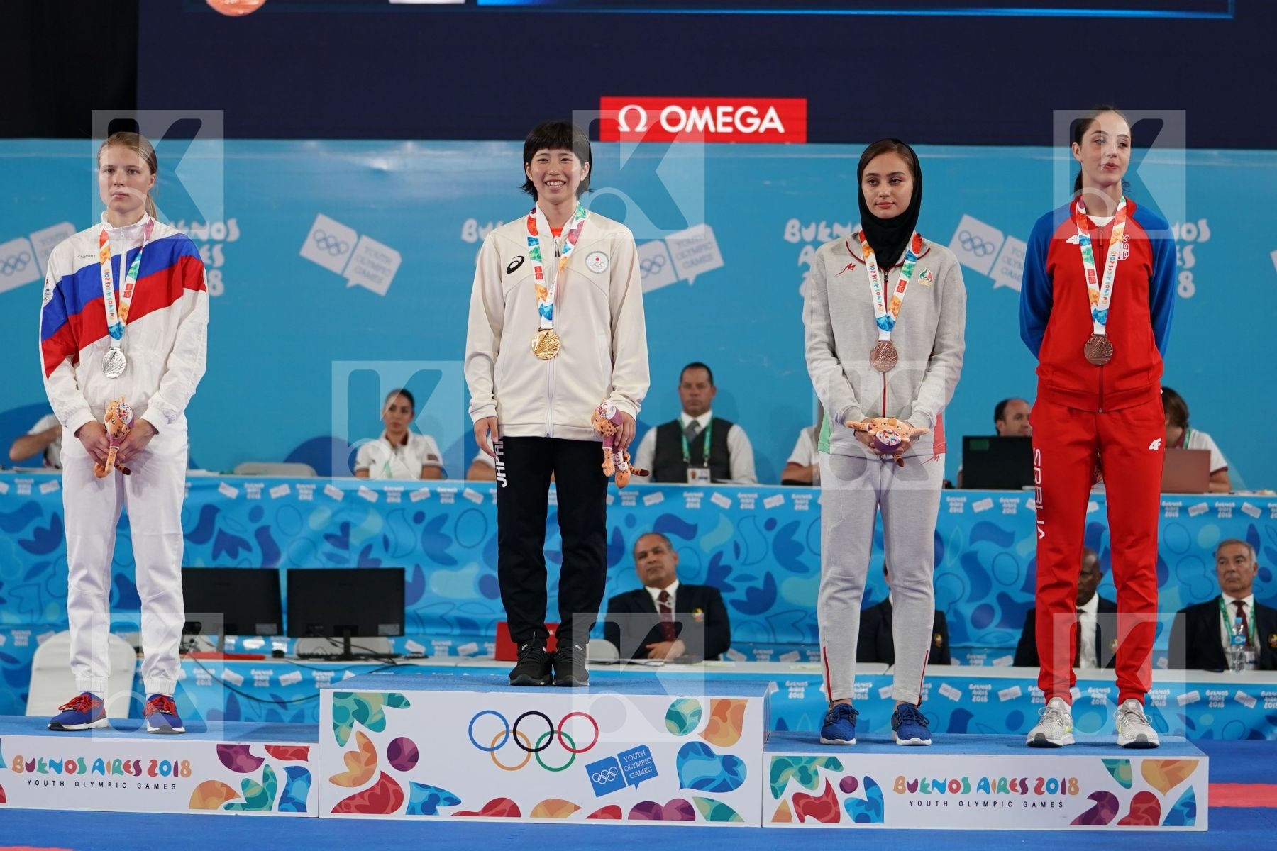 KOKORO SAKAJI (JAPAN), ANNA CHERNYSHEVA (RUSSIA), MOBINA HEYDARIOZOMECHELOE (IRAN), IVANA PEROVIC (SERBIA) in Junior Kumite Female - 59 Kg - Podium ceremony
