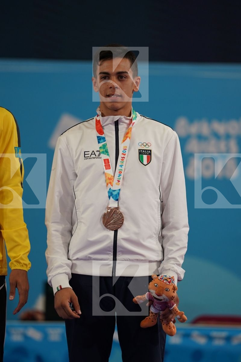 QUENTIN MAHAUDEN (BELGIUM), YASSINE SEKOURI (MOROCCO), ABILMANSUR BATYRGALI (KAZAKHSTAN), ROSARIO RUGGIERO (ITALY) in Junior Kumite Male Ð 68 Kg - podium ceremony