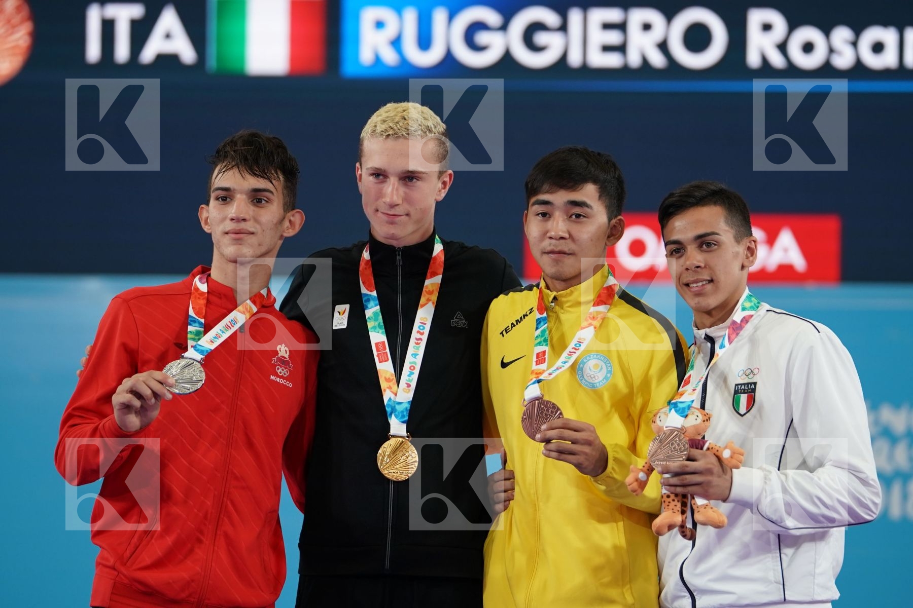 QUENTIN MAHAUDEN (BELGIUM), YASSINE SEKOURI (MOROCCO), ABILMANSUR BATYRGALI (KAZAKHSTAN), ROSARIO RUGGIERO (ITALY) in Junior Kumite Male Ð 68 Kg - podium ceremony