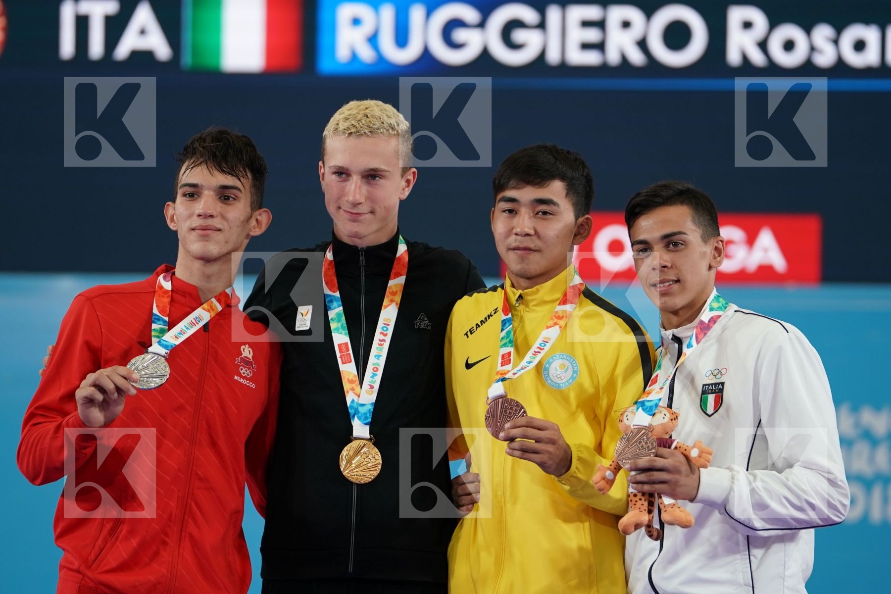 QUENTIN MAHAUDEN (BELGIUM), YASSINE SEKOURI (MOROCCO), ABILMANSUR BATYRGALI (KAZAKHSTAN), ROSARIO RUGGIERO (ITALY) in Junior Kumite Male Ð 68 Kg - podium ceremony