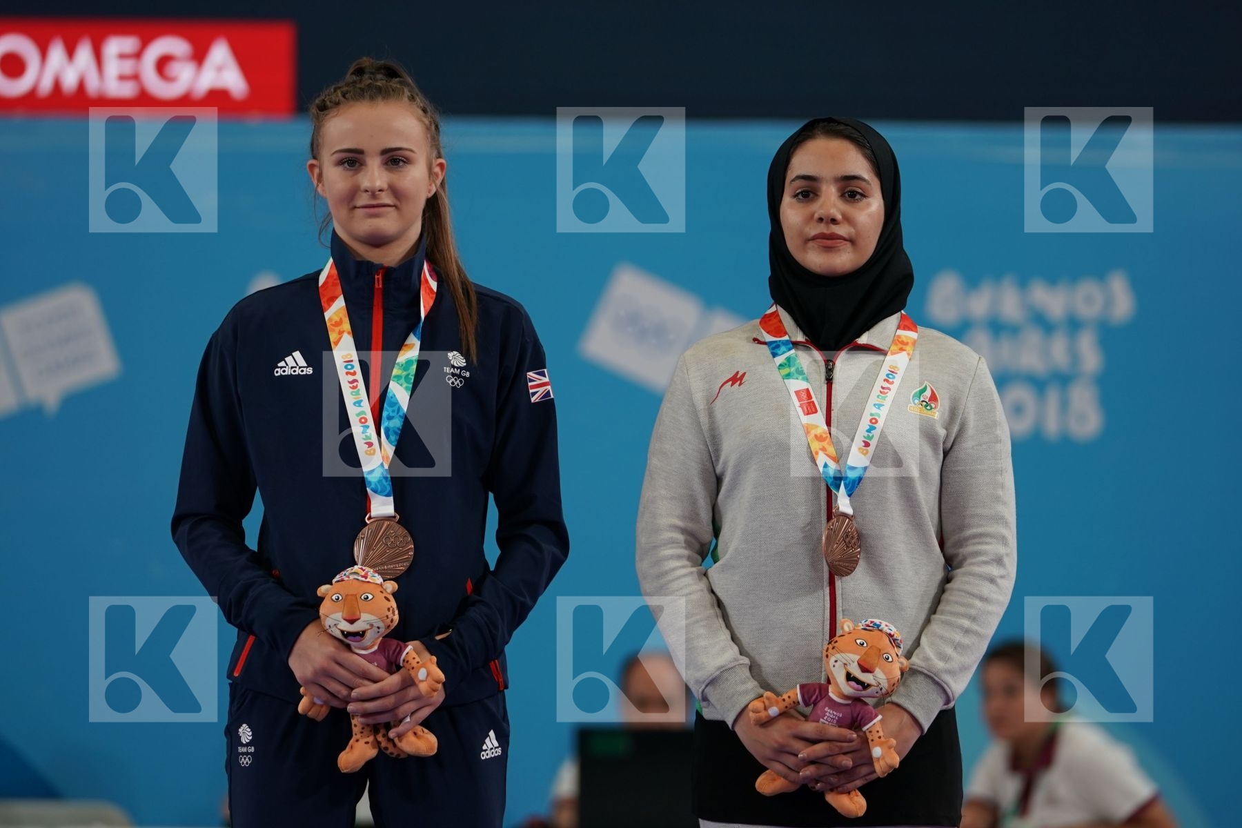 ANNIKA SAELID (NORWAY), SAKURA SAWASHIMA (JAPAN), LAUREN PAIGE SALISBURY (GREAT BRITAIN), NEGIN ALTOONI (IRAN) in Junior Kumite Female 59+ Kg - podium ceremony
