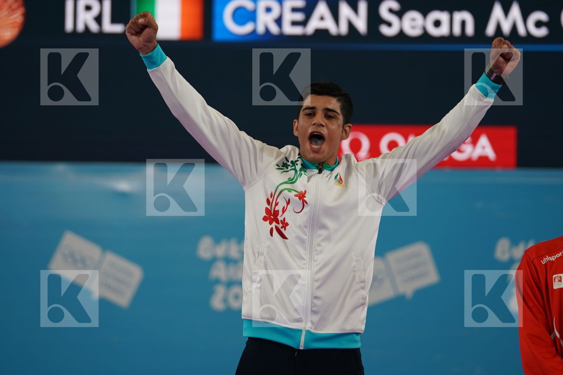 NAVID MOHAMMADI (IRAN), NABIL ECH-CHAABI (MOROCCO), ENES BULUT (TURKEY), SEAN MC CARTHY CREAN (IRELAND) in Junior Kumite Male 68 + Kg - podium ceremony