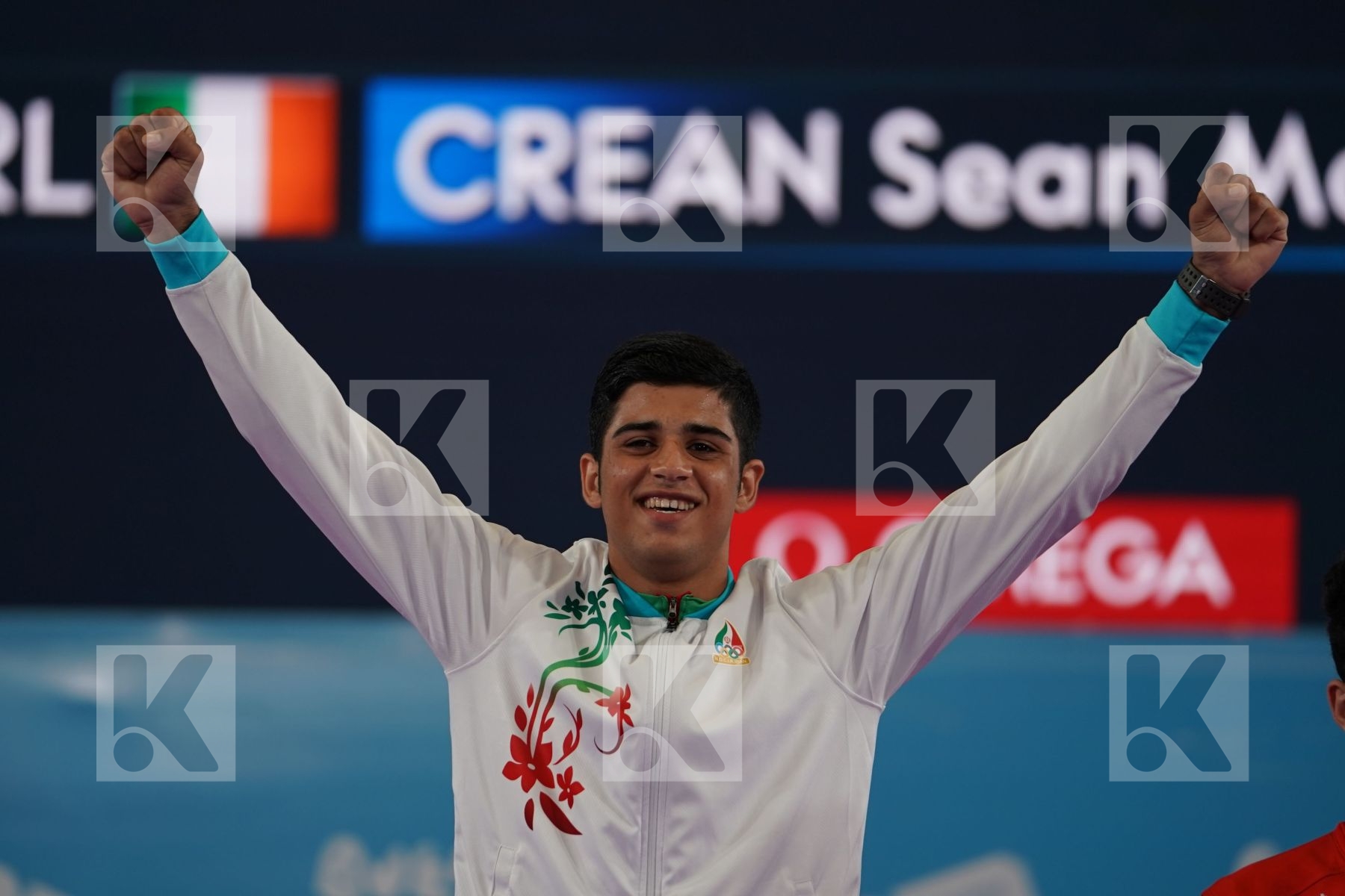 NAVID MOHAMMADI (IRAN), NABIL ECH-CHAABI (MOROCCO), ENES BULUT (TURKEY), SEAN MC CARTHY CREAN (IRELAND) in Junior Kumite Male 68 + Kg - podium ceremony