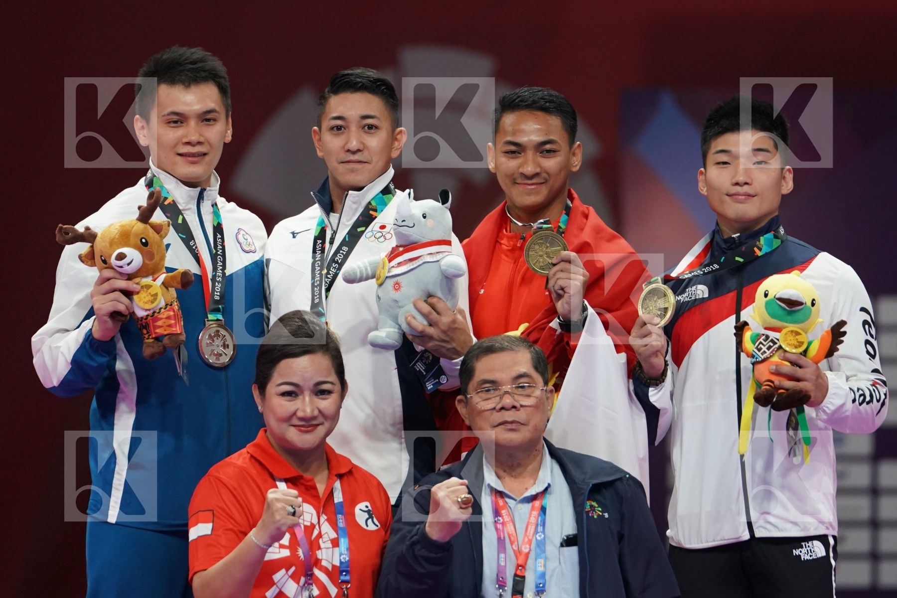 YITA WANG (CHINESE TAIPEI), RYO KIYUNA (JAPAN), AHMAD ZIGI ZARESTA YUDA (INDONESIA) and HEEJUN PARK (REPUBLIC OF KOREA) in Senior Male Kata - podium ceremony