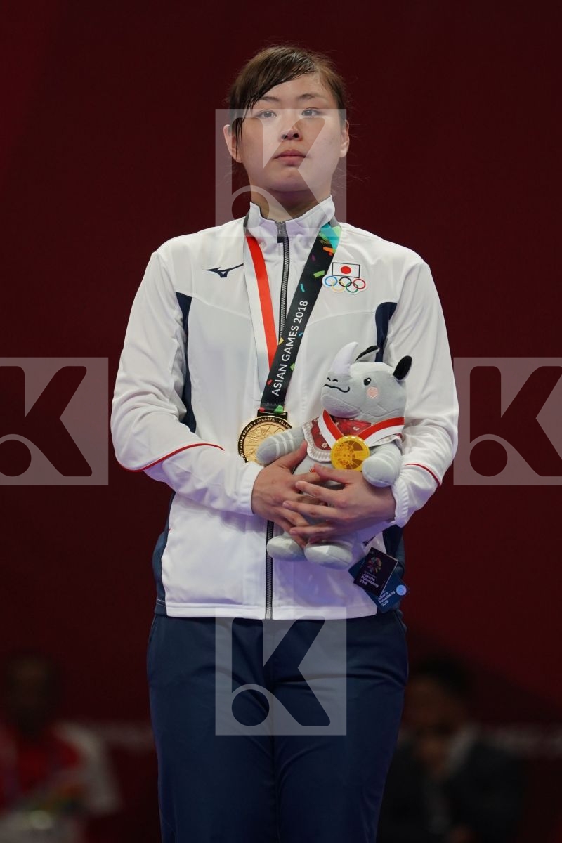 MENGMENG GAO (CHINA), AYUMI UEKUSA (JAPAN), HAMIDEH ABBASALI (ISLAMIC REPUBLIC OF IRAN), NARGIS (PAKISTAN) in Senior Kumite 68+ Kg - podium ceremony