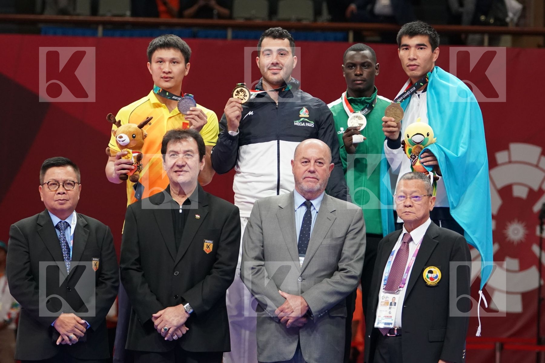 MINH PHUNG NGUYEN (VIETNAM), SAJAD GANJZADEH (ISLAMIC REPUBLIC OF IRAN), TAREG ALI HAMEDI (SAUDI ARABIA), DANIYAR YULDASHEV (KAZAKHSTAN) in Senior Kumite 84+ Kg - podium ceremony