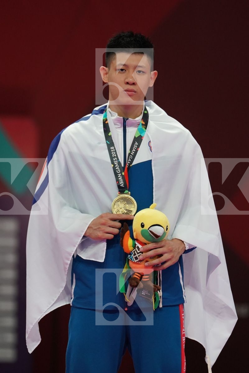 AHMAD ALMESFER (KUWAIT), RYUTARO ARAGA (JAPAN), ZABIOLLAH POORSHAB (ISLAMIC REPUBLIC OF IRAN), CHUNWEI WU (CHINESE TAIPEI) in Senior Kumite Ð 84 Kg - podium ceremony