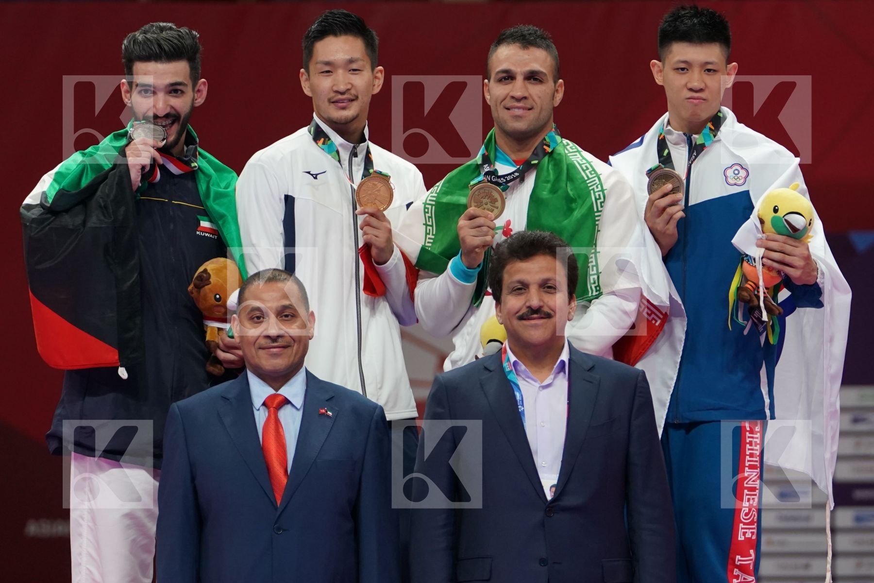 AHMAD ALMESFER (KUWAIT), RYUTARO ARAGA (JAPAN), ZABIOLLAH POORSHAB (ISLAMIC REPUBLIC OF IRAN), CHUNWEI WU (CHINESE TAIPEI) in Senior Kumite Ð 84 Kg - podium ceremony