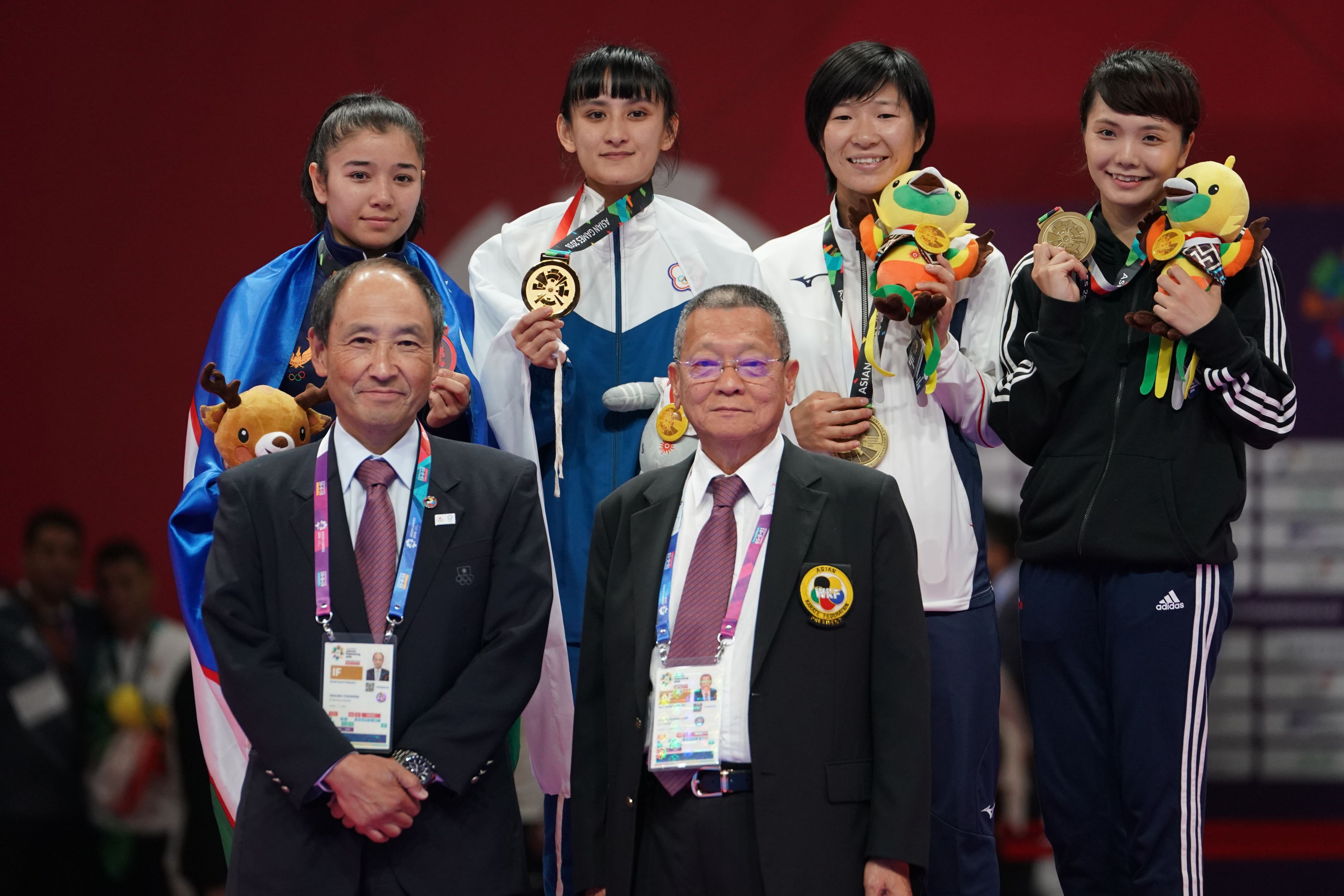 BAKHRINISO BABAEVA (UZBEKISTAN), SHIAUSHUANG GU (CHINESE TAIPEI), MIHO MIYAHARA (JAPAN), TSUKII JUNNA (PHILIPPINES) in Senior Kumite -50 Kg - podium ceremony
