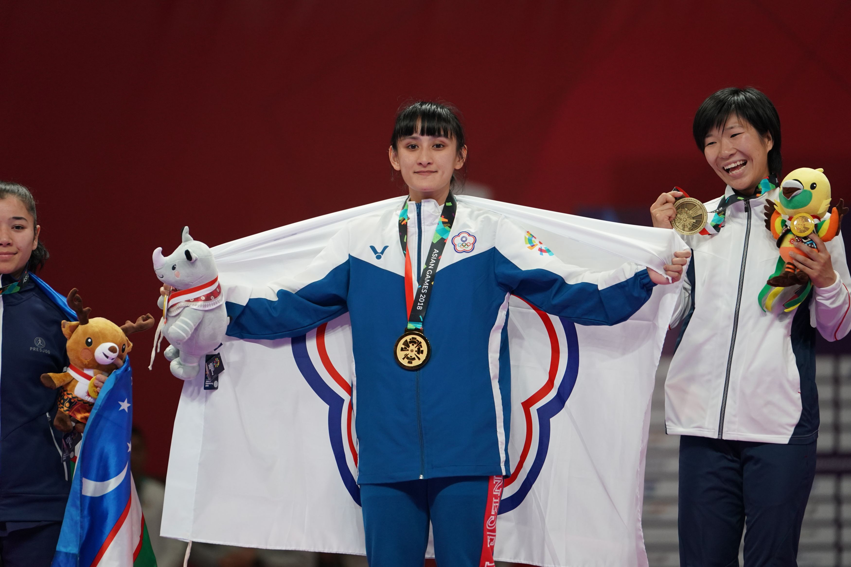 BAKHRINISO BABAEVA (UZBEKISTAN), SHIAUSHUANG GU (CHINESE TAIPEI), MIHO MIYAHARA (JAPAN), TSUKII JUNNA (PHILIPPINES) in Senior Kumite -50 Kg - podium ceremony