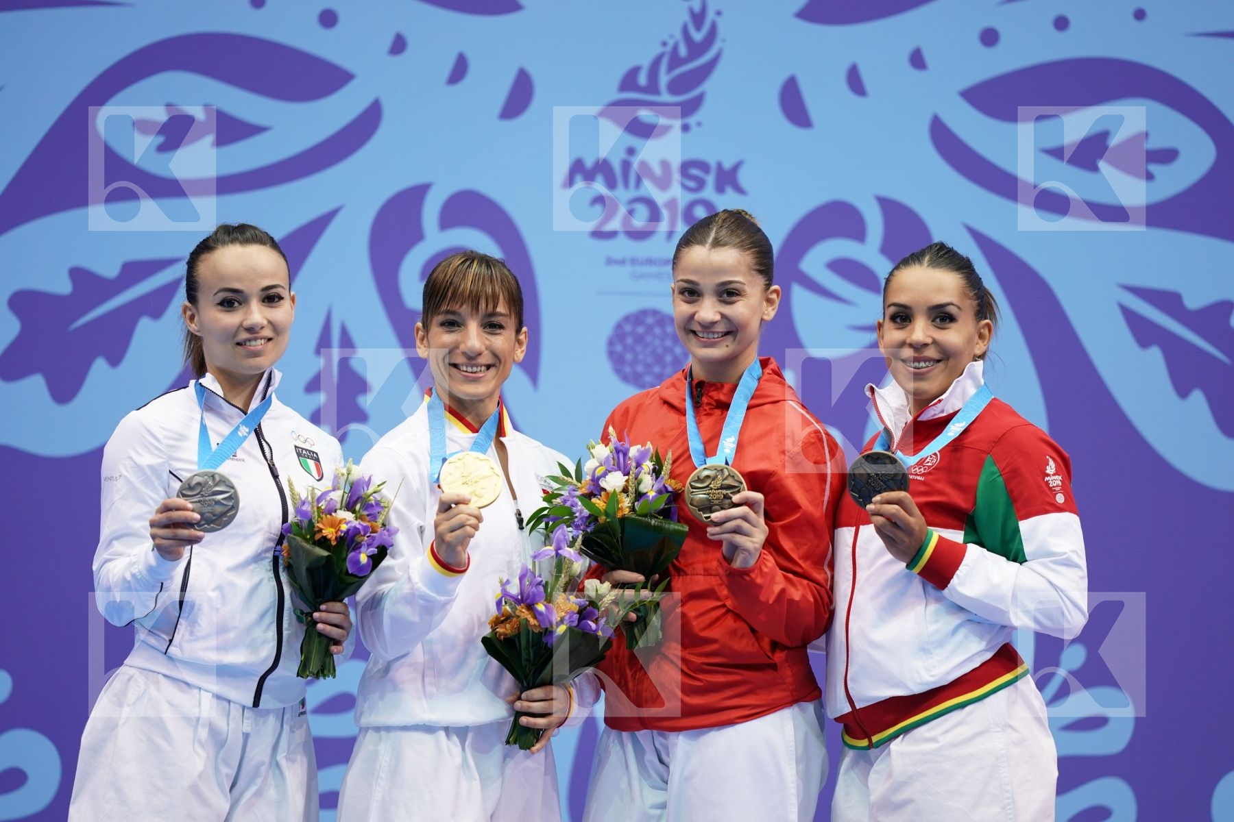SANCHEZ JAIME SANDRA (SPAIN), BOTTARO VIVIANA (ITALY), ESPARTEIRO PATRICIA (PORTUGAL), ELTEMUR DILARA (TURKEY) in Senior Female Kata - podium ceremony