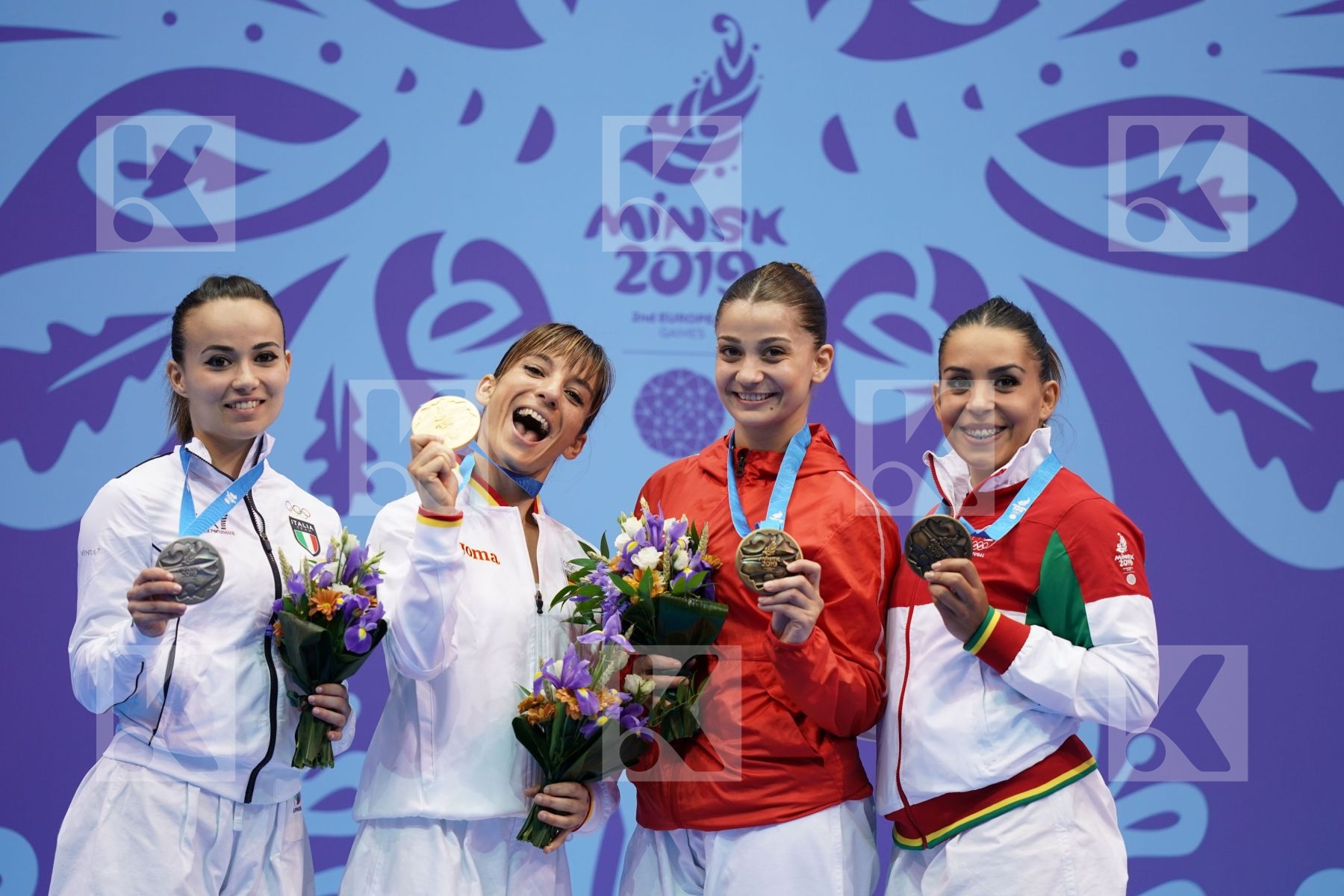 SANCHEZ JAIME SANDRA (SPAIN), BOTTARO VIVIANA (ITALY), ESPARTEIRO PATRICIA (PORTUGAL), ELTEMUR DILARA (TURKEY) in Senior Female Kata - podium ceremony
