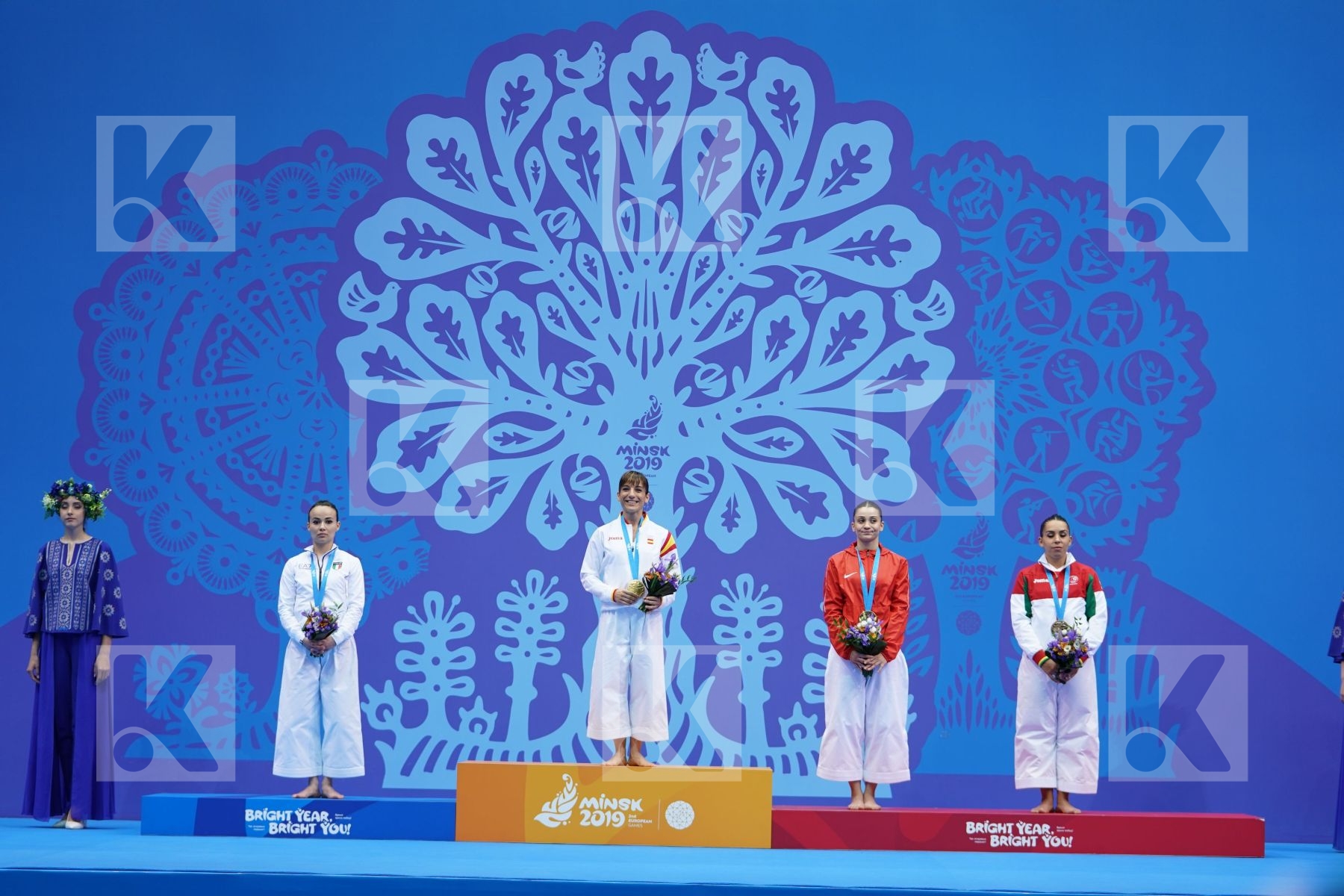 SANCHEZ JAIME SANDRA (SPAIN), BOTTARO VIVIANA (ITALY), ESPARTEIRO PATRICIA (PORTUGAL), ELTEMUR DILARA (TURKEY) in Senior Female Kata - podium ceremony