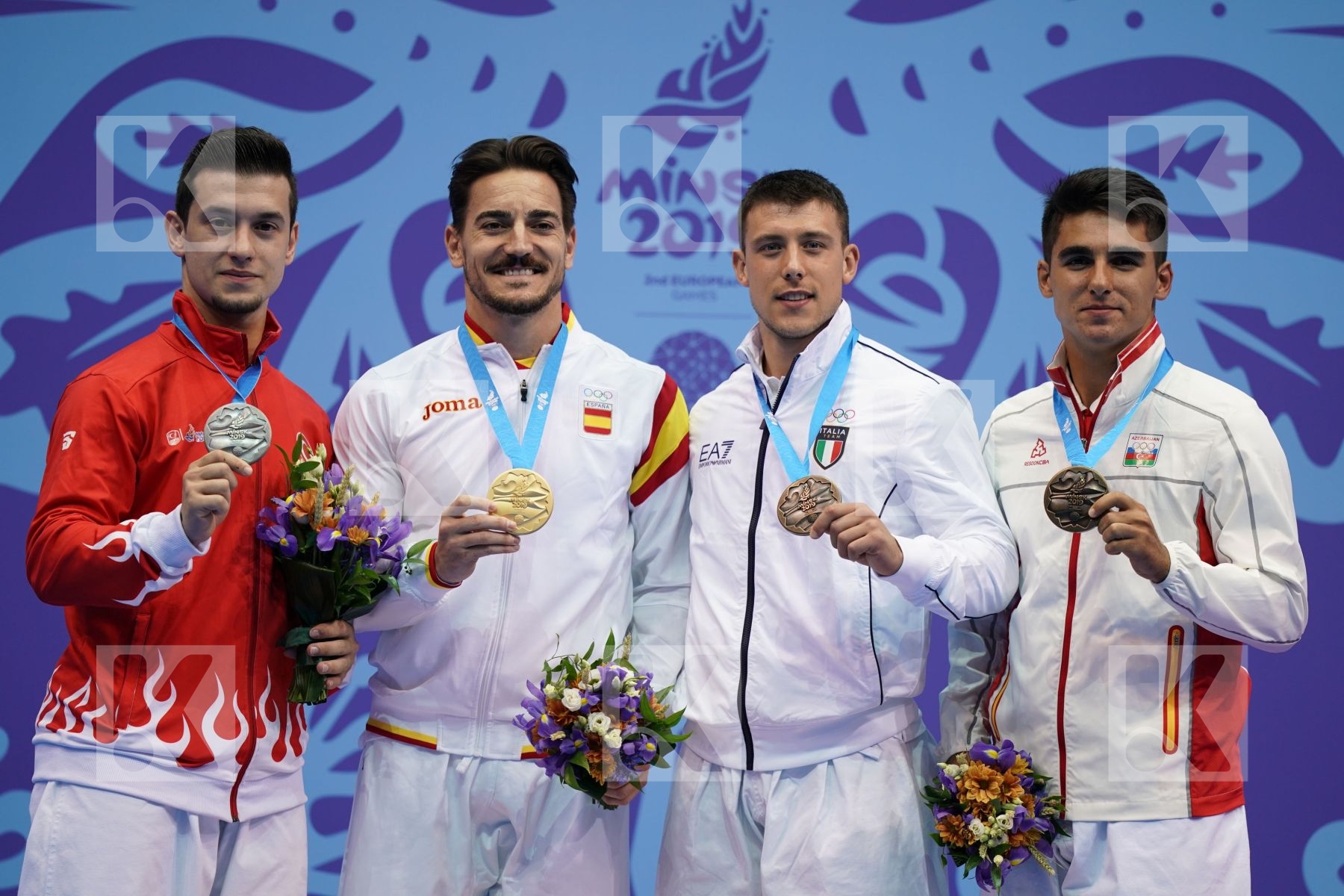 QUINTERO CAPDEVILA DAMIAN HUGO (SPAIN), SOFUOGLU ALI (TURKEY), HEYDAROV ROMAN (AZERBAIJAN), BUSATO MATTIA (ITALY) in Senior Male Kata - podium ceremony