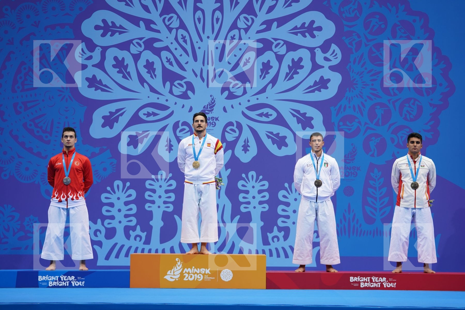 QUINTERO CAPDEVILA DAMIAN HUGO (SPAIN), SOFUOGLU ALI (TURKEY), HEYDAROV ROMAN (AZERBAIJAN), BUSATO MATTIA (ITALY) in Senior Male Kata - podium ceremony