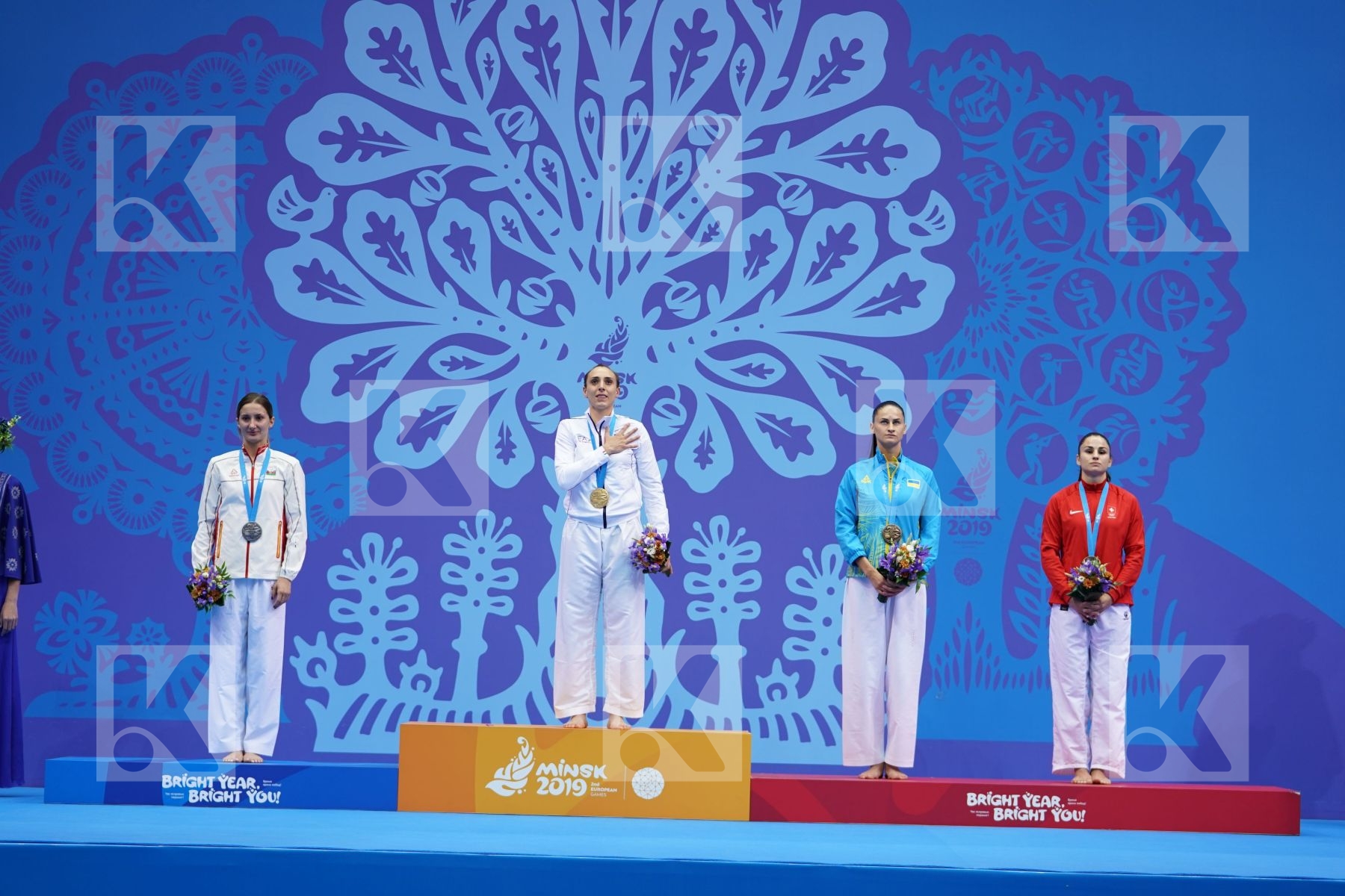 SEMERARO SILVIA (ITALY), ZARETSKA IRINA (AZERBAIJAN), MELNYK HALYNA (UKRAINE), QUIRICI ELENA (SWITZERLAND) in Senior Kumite -68 Kg - podium ceremony