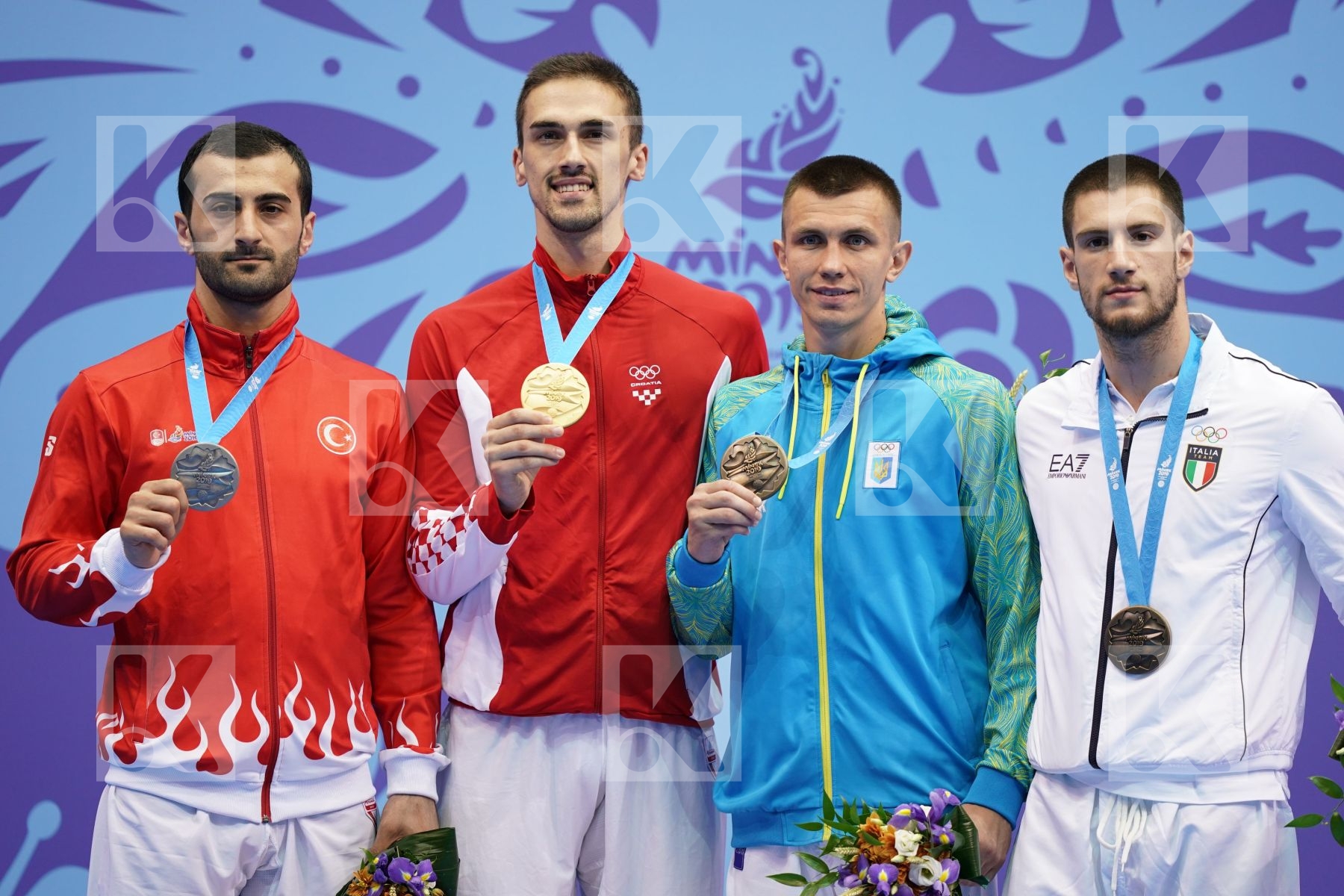 KVESIC IVAN (CROATIA), AKTAS UGUR (TURKEY), MARTINA MICHELE (ITALY), CHOBOTAR VALERII (UKRAINE) in Senior Kumite -84 Kg - podium ceremony