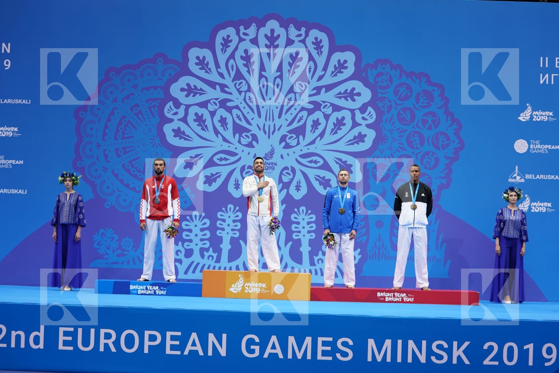 GURBANLI ASIMAN (AZERBAIJAN), KVESIC ANDJELO (CROATIA), HORNE JONATHAN (GERMANY), ARKANIA GOGITA (GEORGIA) in Senior Kumite 84+ Kg - podium ceremony