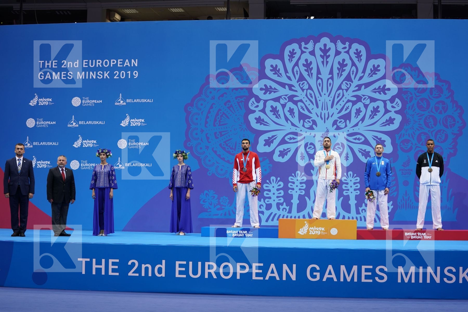 GURBANLI ASIMAN (AZERBAIJAN), KVESIC ANDJELO (CROATIA), HORNE JONATHAN (GERMANY), ARKANIA GOGITA (GEORGIA) in Senior Kumite 84+ Kg - podium ceremony