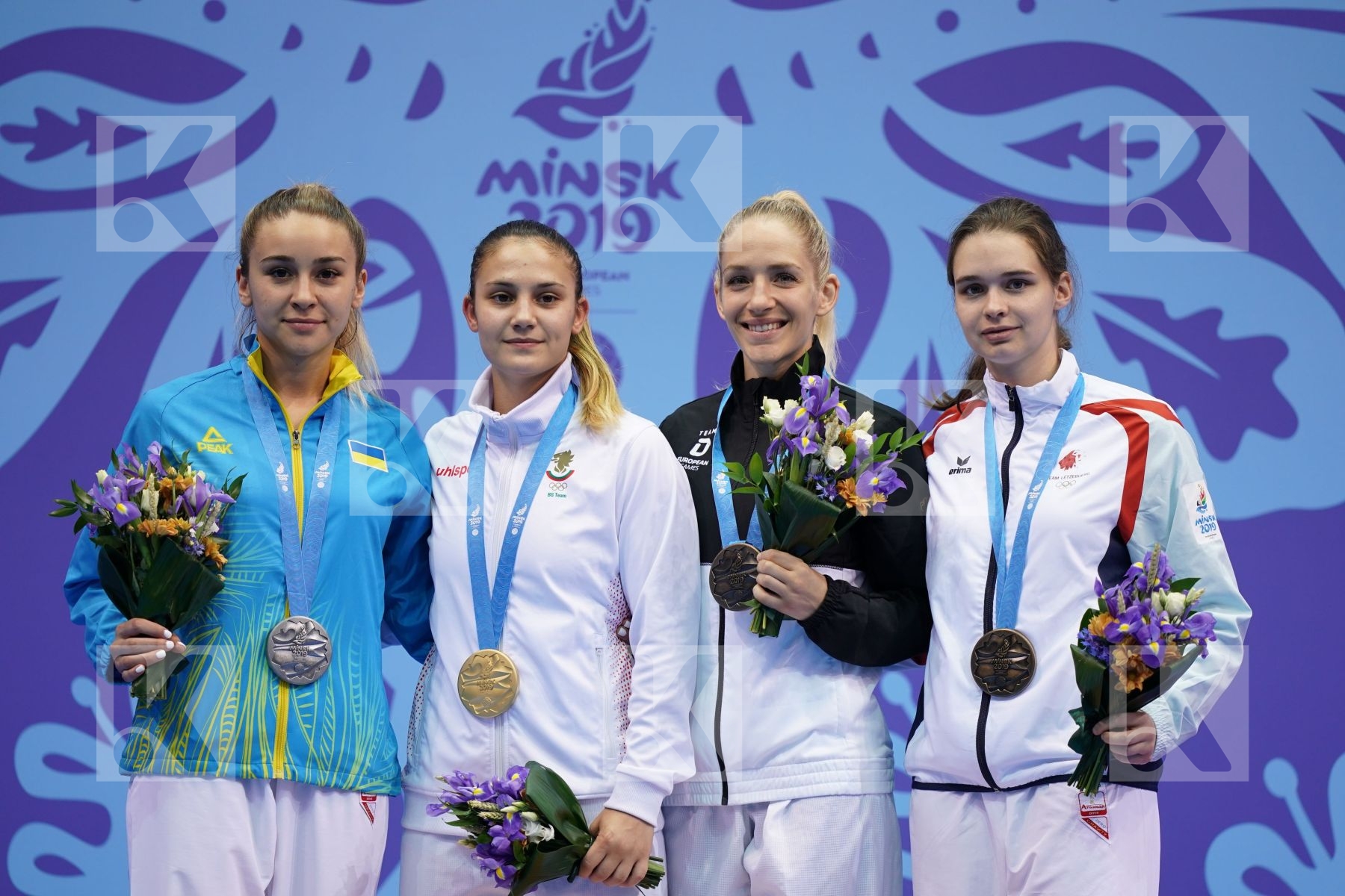 GORANOVA IVET (BULGARIA), TERLIUGA ANZHELIKA (UKRAINE), WARLING JENNIFER (LUXEMBOURG), BITSCH JANA (GERMANY) in Senior Kumite -55 Kg - podium ceremony