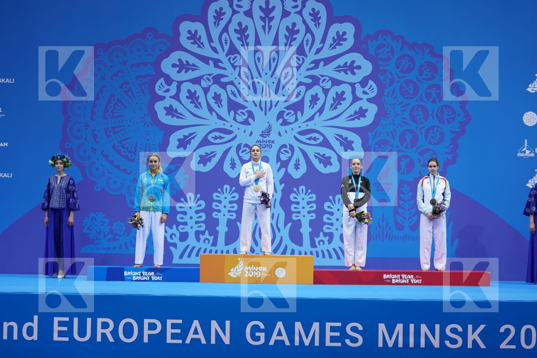GORANOVA IVET (BULGARIA), TERLIUGA ANZHELIKA (UKRAINE), WARLING JENNIFER (LUXEMBOURG), BITSCH JANA (GERMANY) in Senior Kumite -55 Kg - podium ceremony