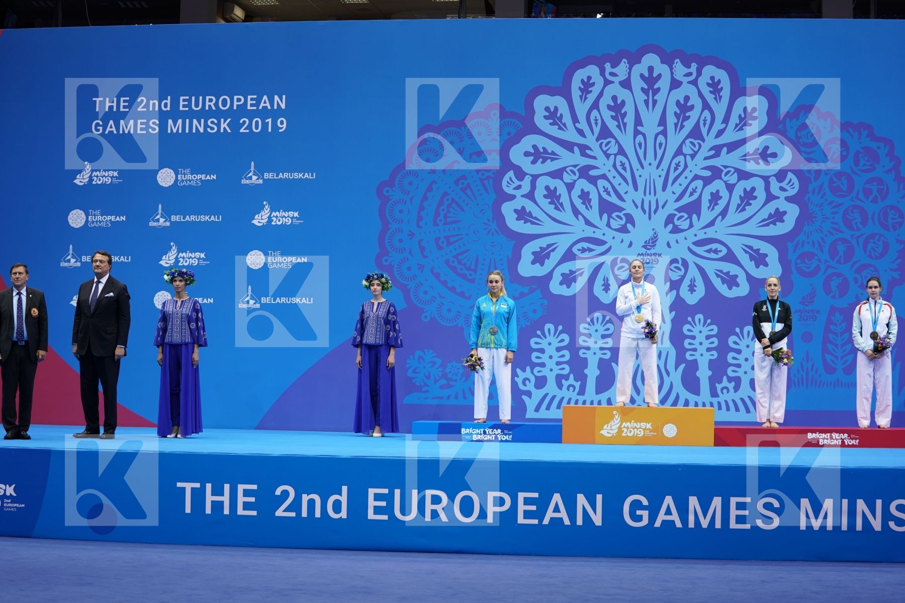 GORANOVA IVET (BULGARIA), TERLIUGA ANZHELIKA (UKRAINE), WARLING JENNIFER (LUXEMBOURG), BITSCH JANA (GERMANY) in Senior Kumite -55 Kg - podium ceremony